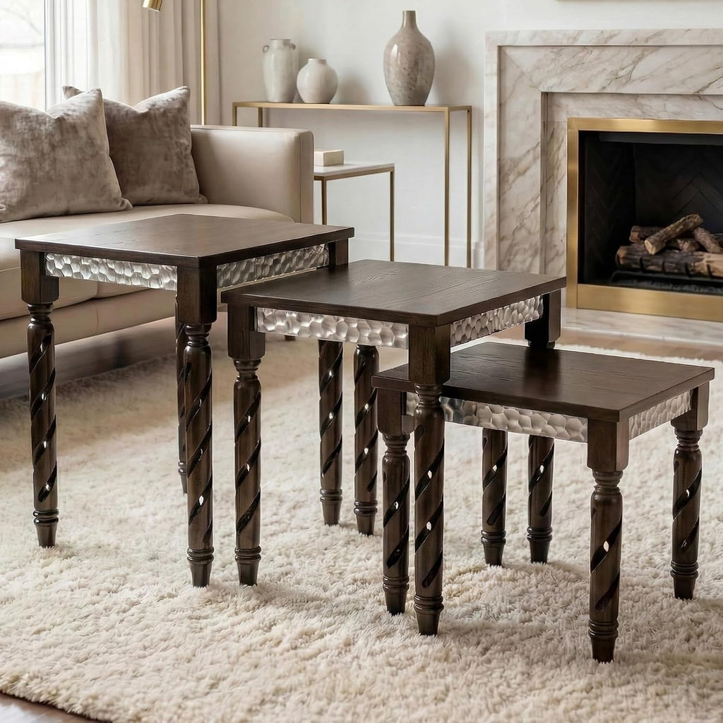 Hyfirm Nesting Tables Set of 3, Walnut Mid Century Modern Accent Tables with Spiral Rubber Wood Legs & Silver Honeycomb Apron, Retro Stackable Side Tables for Living Room, Bedroom & Small Apartments