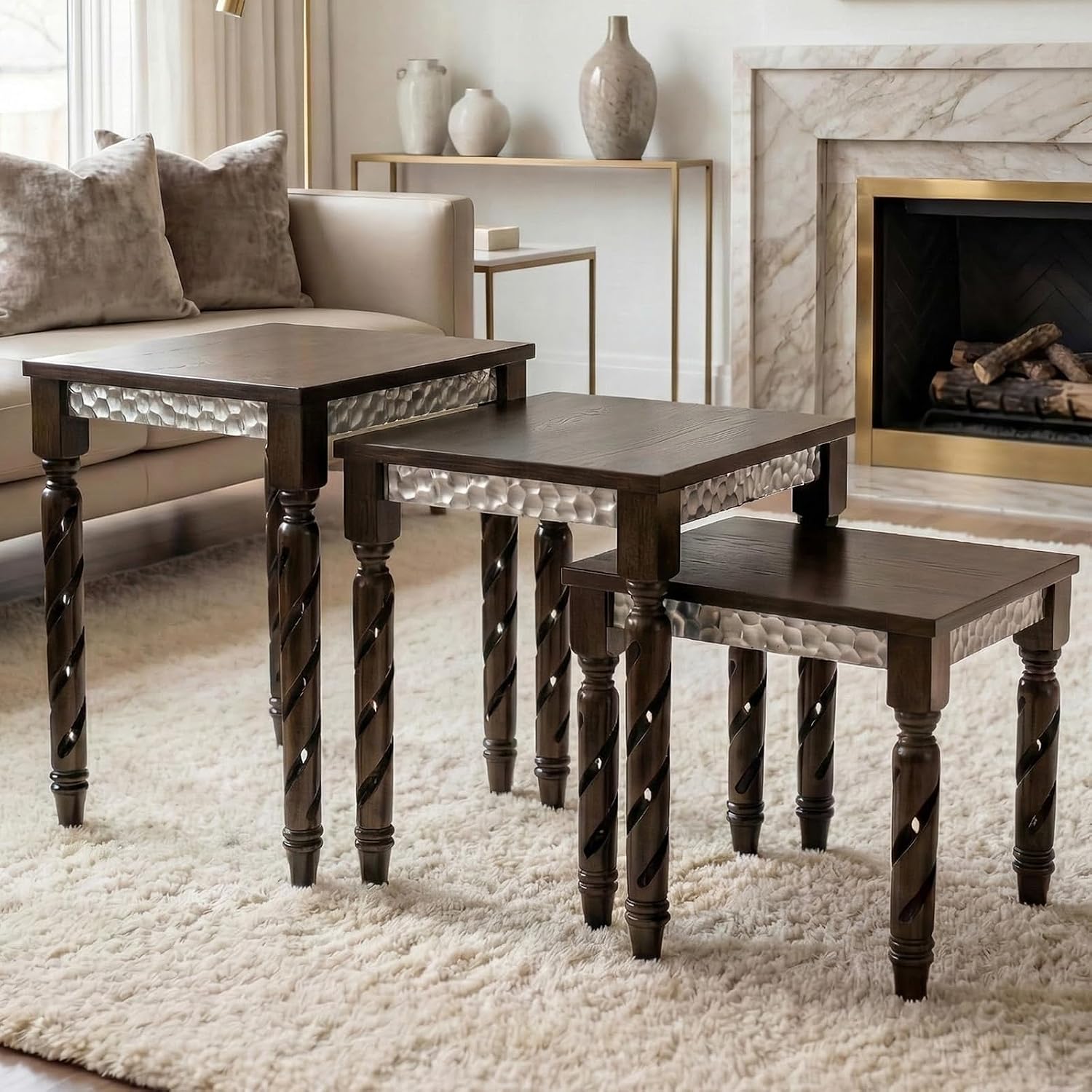 Hyfirm Nesting Tables Set of 3, Walnut Mid Century Modern Accent Tables with Spiral Rubber Wood Legs & Silver Honeycomb Apron, Retro Stackable Side Tables for Living Room, Bedroom & Small Apartments