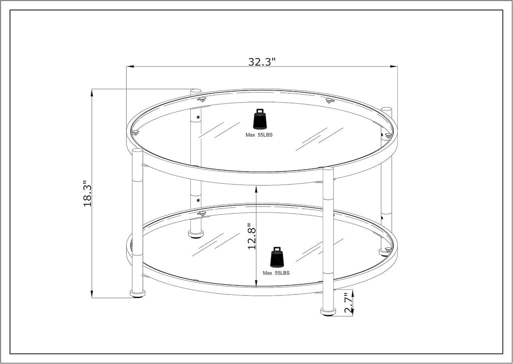 32' Tempered Glass Round Coffee Table Modern Chrome Frame Acrylic Legs Circle Living Room Center Tables