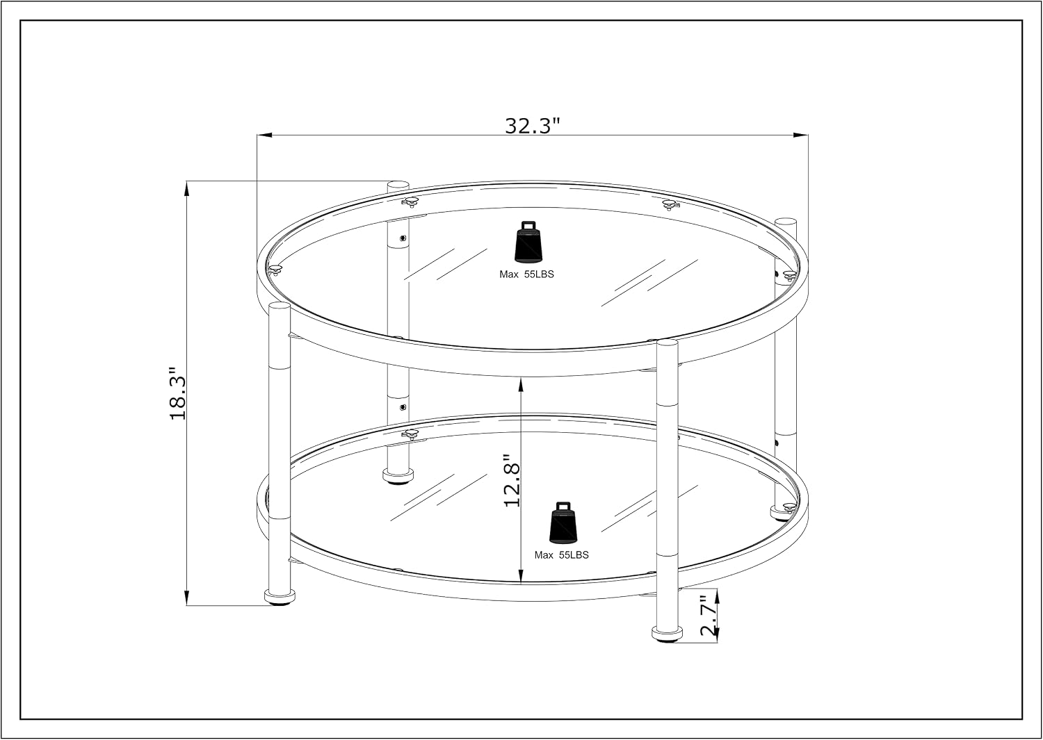 32' Tempered Glass Round Coffee Table Modern Chrome Frame Acrylic Legs Circle Living Room Center Tables