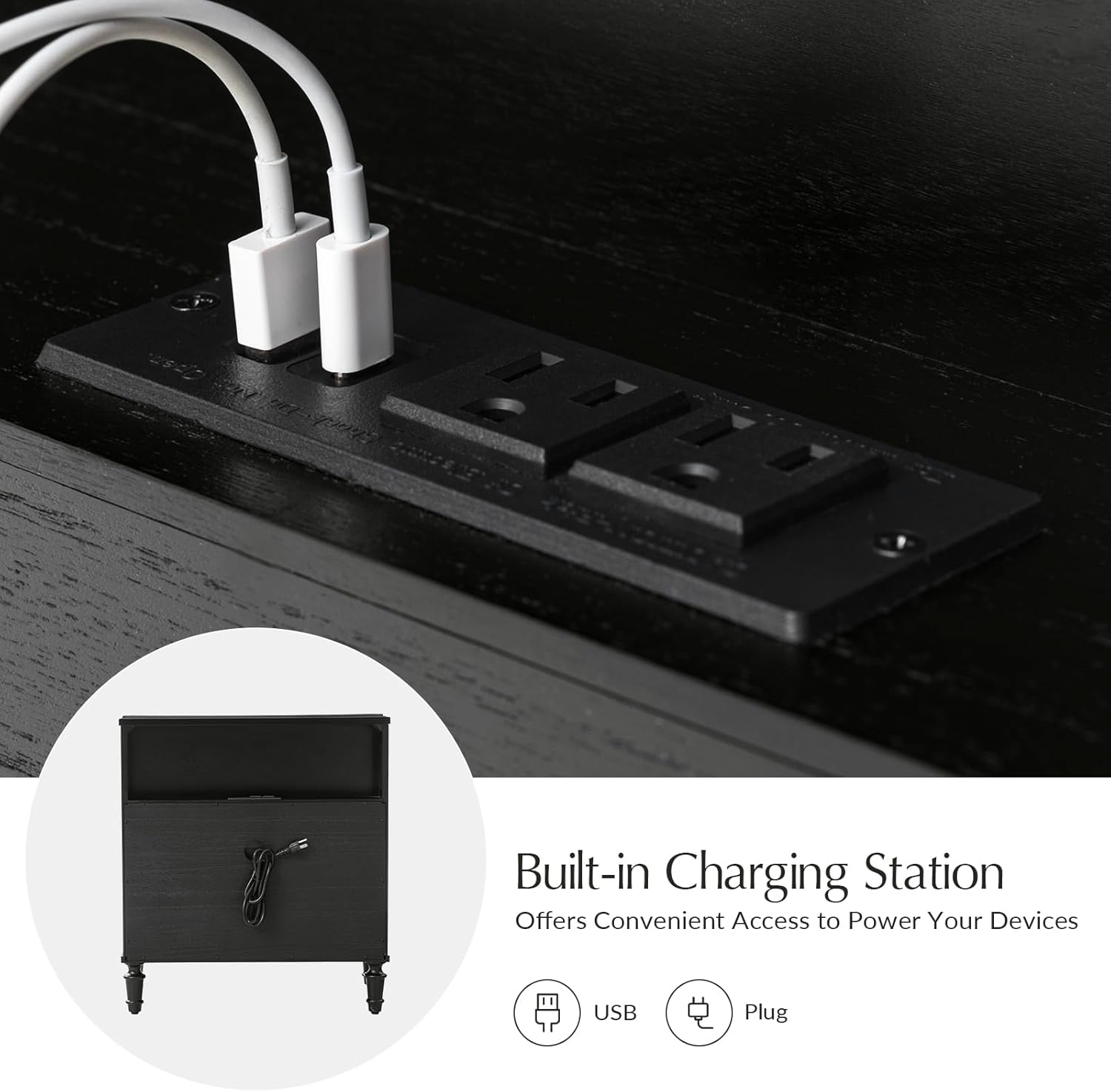 HULALA HOME 3 Drawer End Tables Set of 2 with Charging Station, 26' Wide Endtables with Solid Wood Legs and Curved Profile, Classic Side Tables for Living Room, Black