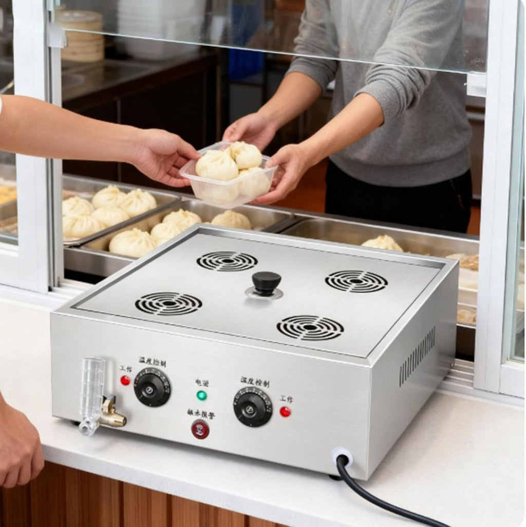 Temperature Control Large Capacity Bun Steamer, Multifunction Commercial Home Kitchen Appliance Electric Steam Pot Dry Boiling Alarm for Breakfast Shop, School,4 Holes
