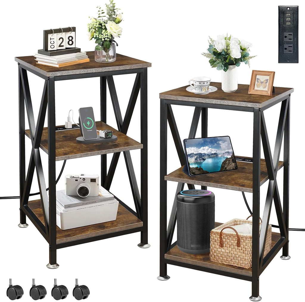 End Tables Living Room Set of 2, Square End Table with Charging Station, 16' D X 16' W X 28' H, Wood and Metal Table with USB Ports and Outlets, Side Table with Wheels for Living Room, Bedroom