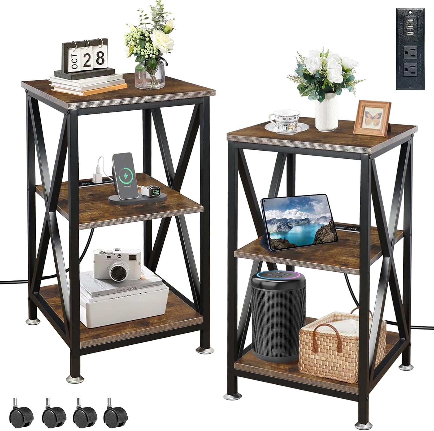 End Tables Living Room Set of 2, Square End Table with Charging Station, 16' D X 16' W X 28' H, Wood and Metal Table with USB Ports and Outlets, Side Table with Wheels for Living Room, Bedroom