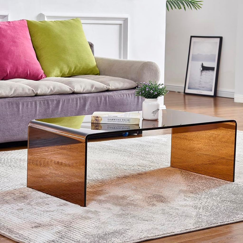 Premium Tempered Glass Coffee Table,Small Modern Coffee Table for Living Room,Match Well with Rug (Brown, 39.4'x19.7'x13.8')