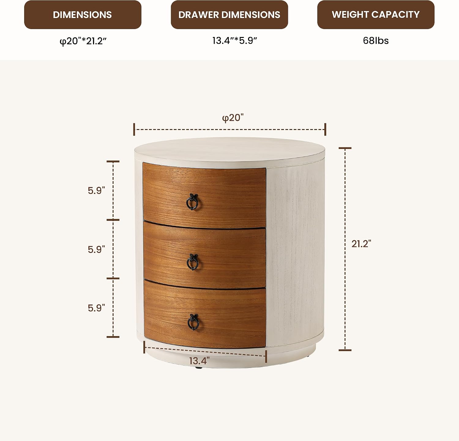 COSIEST 3 Drawer Chest of Drawers, 20 inch MDF Round Storage Cabinet, Retro Whitewash Finish Nightstand, Wood Bedside Table with Drawers for Bedroom Living Room