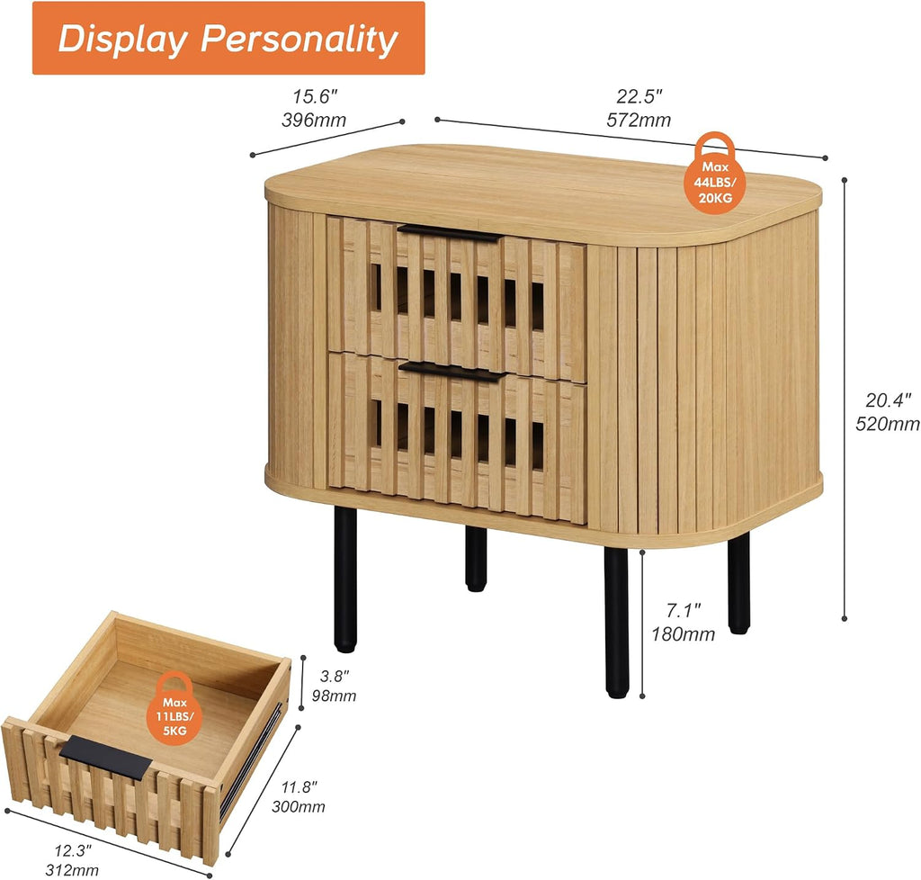 WAMPAT Set of 2 Fluted Nightstands, Modern Wooden End Tables with Drawer, Storage Bedside Table for Bedroom and Living Room, Oak