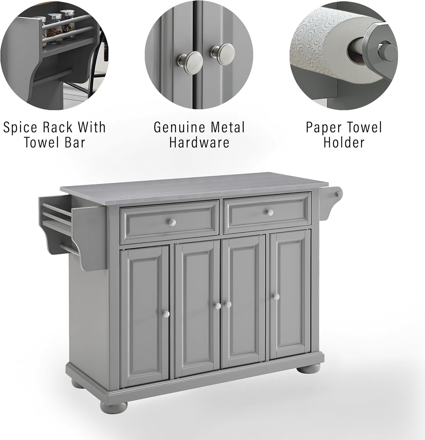 Crosley Furniture Alexandria Stainless Steel Top Rolling Kitchen Island Storage Cart, Microwave Stand, Gray