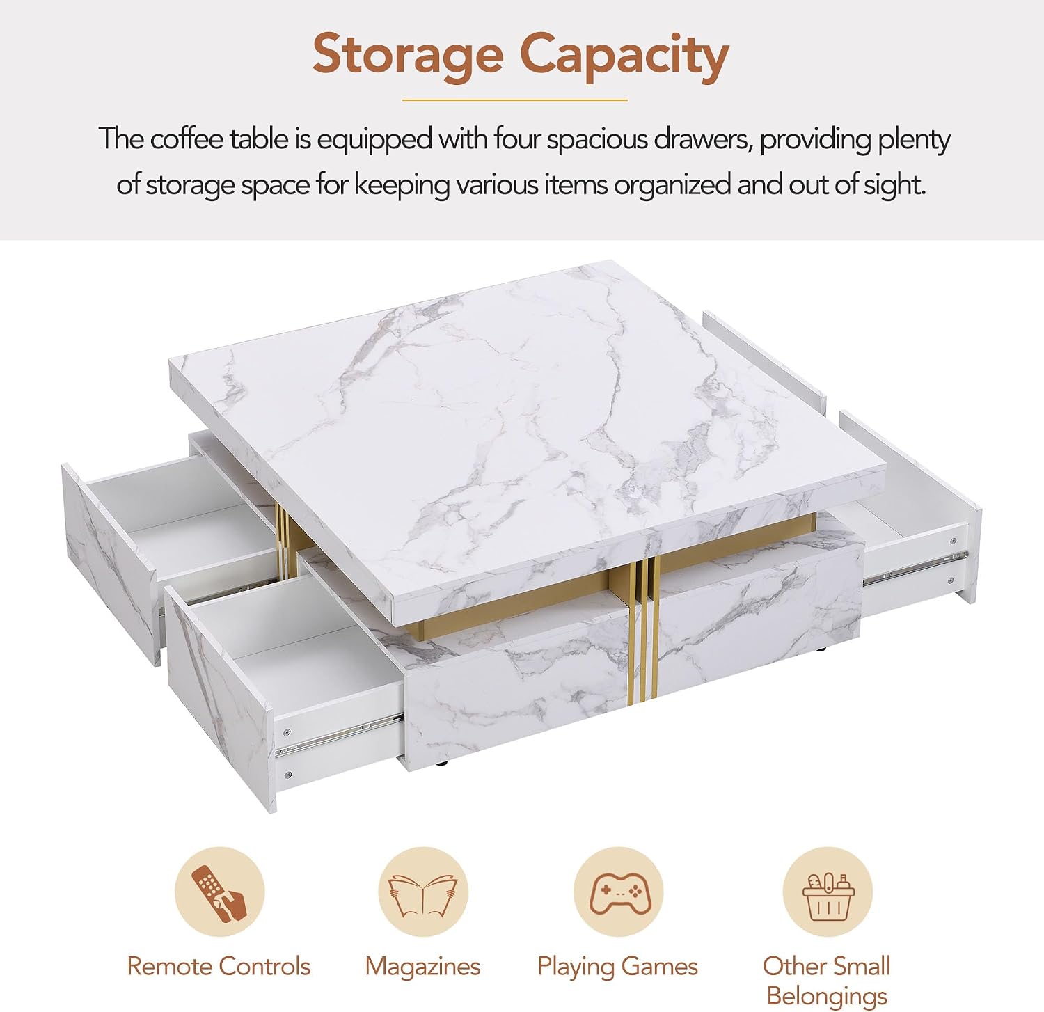 Merax 43.3' Modern Square Storage Coffee Table with 4 Drawers, with Marbling Gold Accents, Functional Center Tables for Living Room Apartment, White