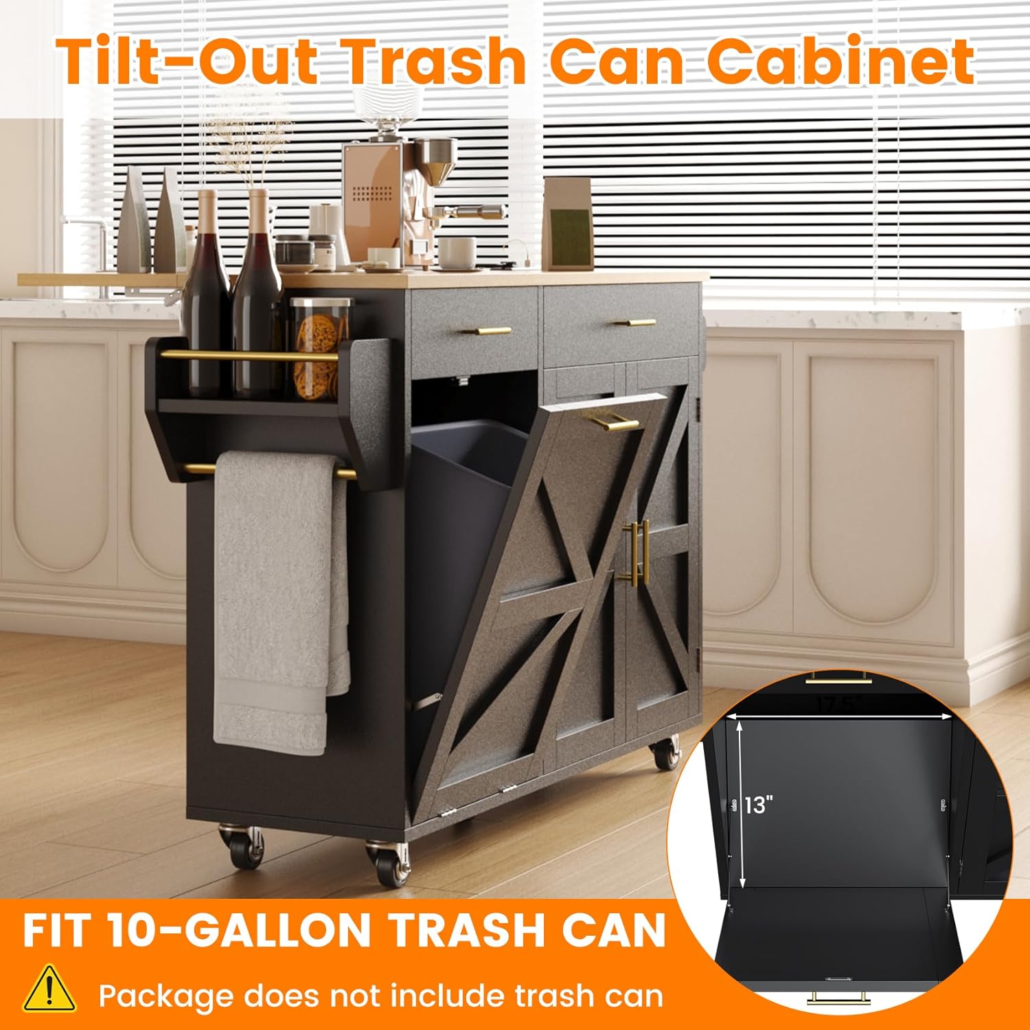 VVFLU 51.8' Kitchen Island Cart with Trash Can Storage, Kitchen Island on Wheels with Power Outlet & Drop Leaf, Rolling Kitchen Cart with Towel Rack & Spice Rack, Mobile Islands Table for Kitchen