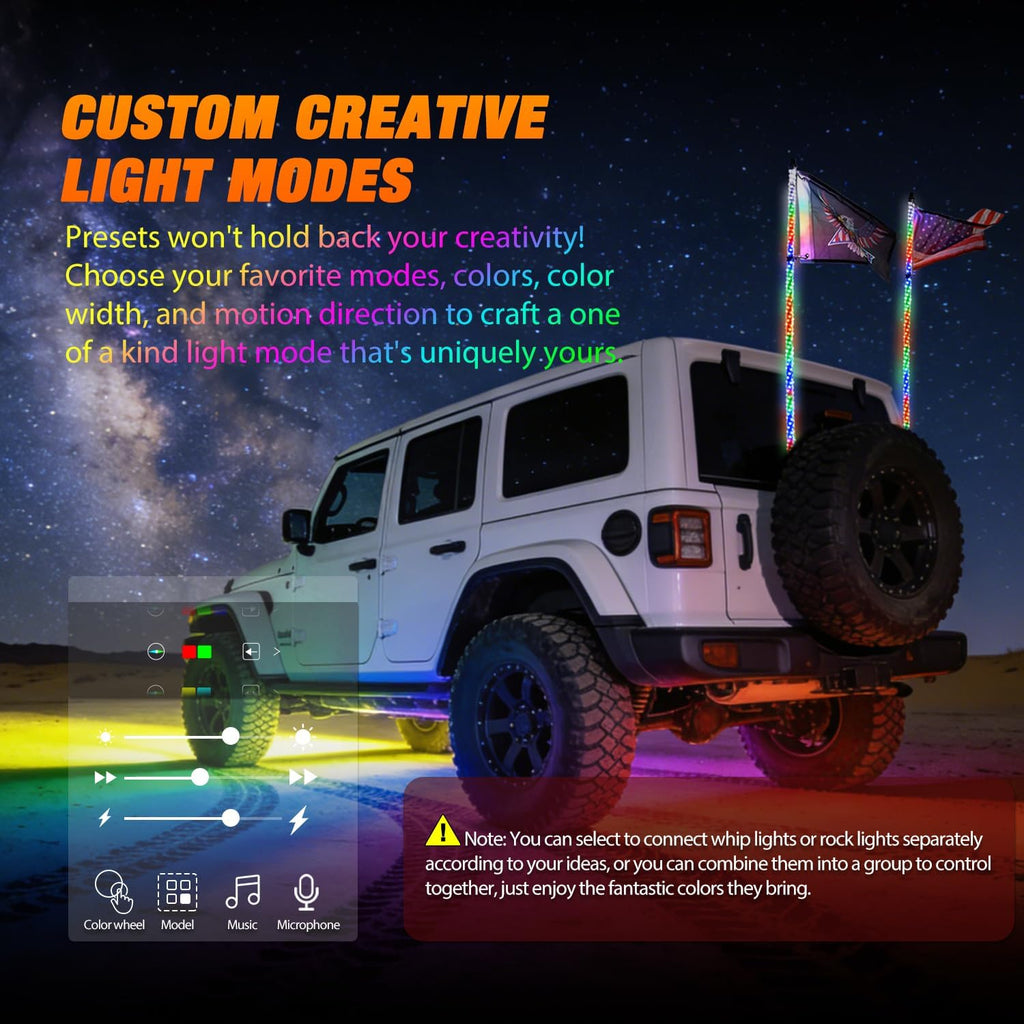 Nilight 2PCS 4FT RGB LED Whip Light with Spring Base and 4 PCS Rock Lights Combo, Remote App Control w/DIY Chasing Patterns Turn Signal Brake Reverse Antenna Lighted Whips for ATV UTV Polaris RZR Jeep