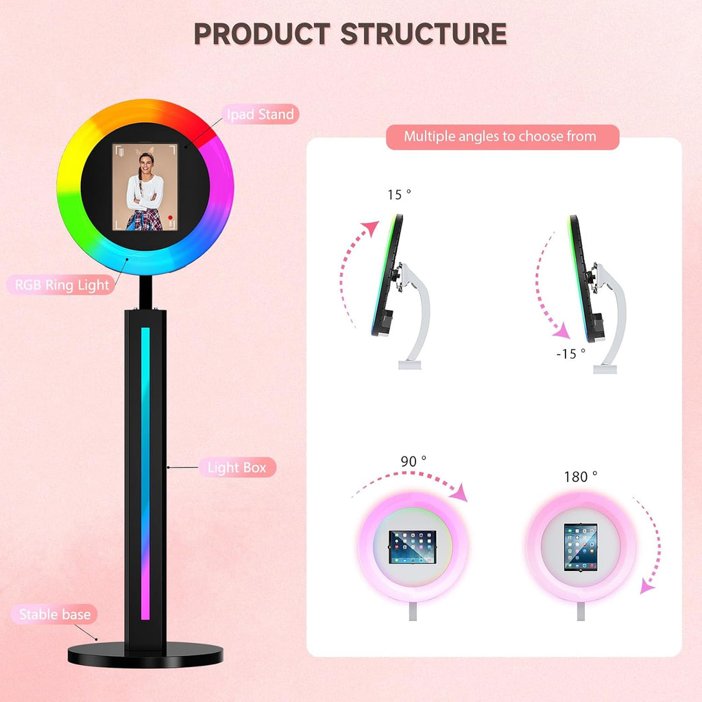 Portable iPad Photo Booth Compatible with Any iPad, 2 Months ChackTok VIP, Selfie Photo Booth with Adjustable Ring Light and Flight Case,RGB Music Sync Light, for Weddings, Parties, Events