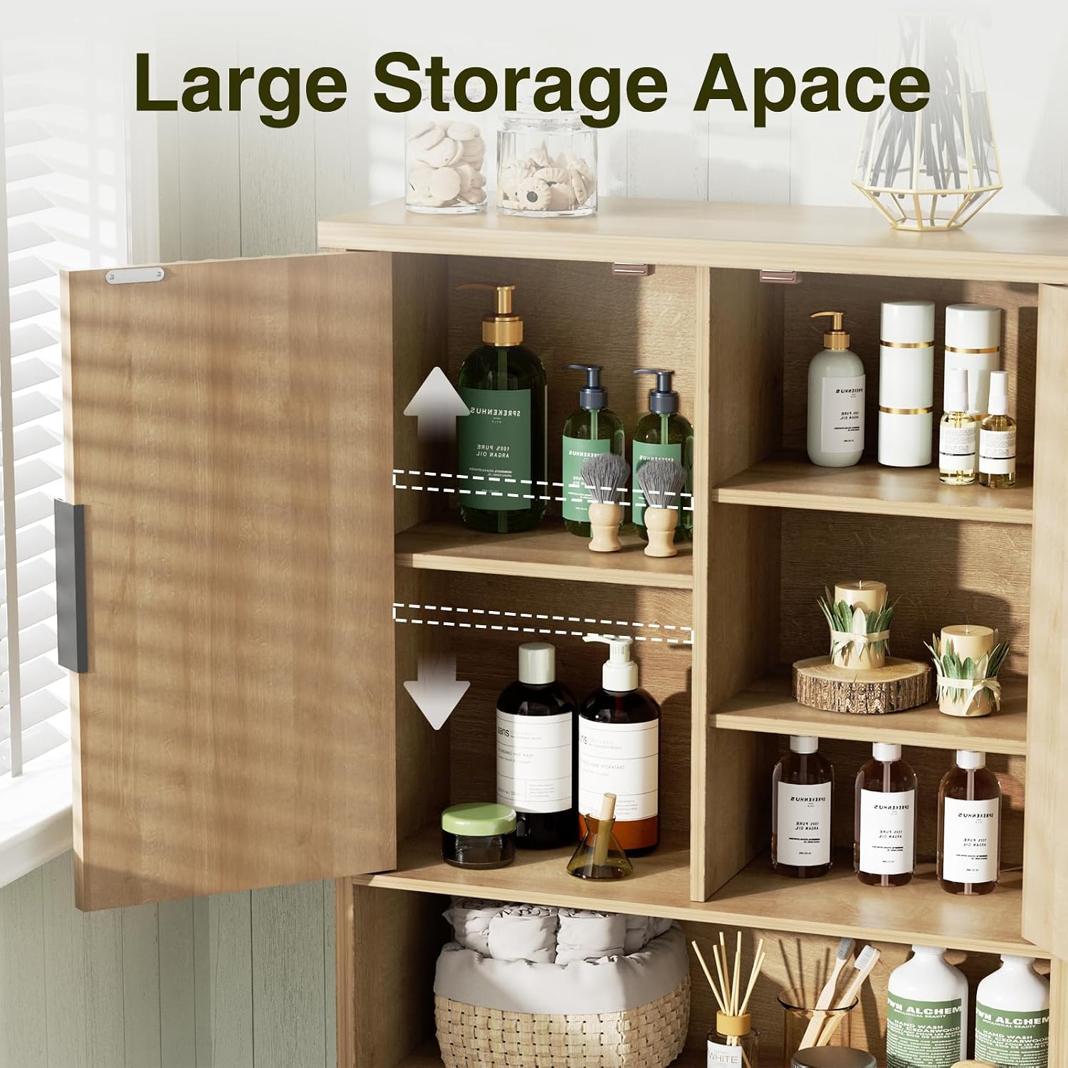 Over The Toilet Storage Cabinet with Fluted Doors and Adjustable Shelf, Tall Bathroom Organizer with Metal Stand Space Saver Over Toilet , Wood Rack for Bathroom, Restroom, Laundry, Natural Oak