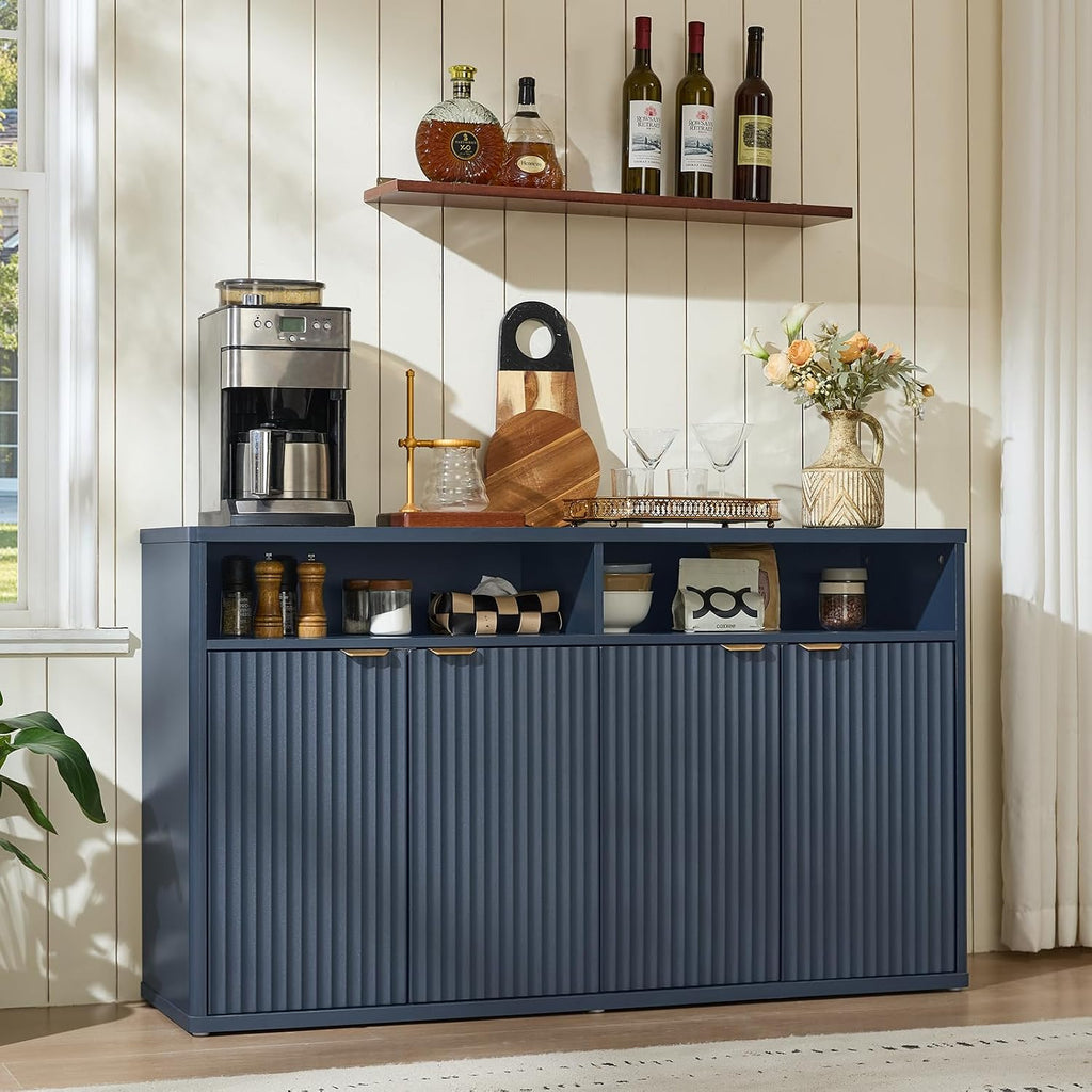 LEYAOYAO Fluted Buffet Cabinet with Storage, 55' Wide Wood Sideboard Credenza with 4 Doors & Open Storage Shelf, Modern Kitchen Console Accent Cabinets, Coffee Bar Table for Dining Room, Dark Blue