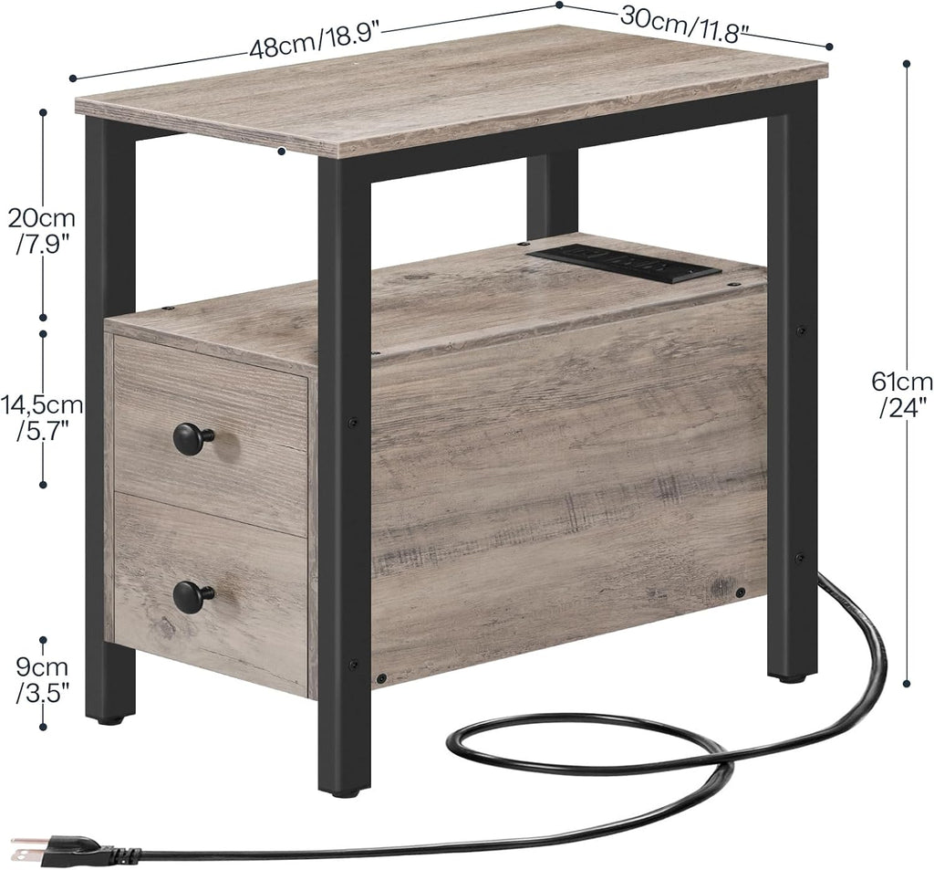 HOOBRO Set of 2 End Tables with Charging Station, Narrow Side Table with Drawers & USB Port & Power Outlets, Nightstand for Small Spaces, Living Room, Stable, Greige and Black BG541BZP201