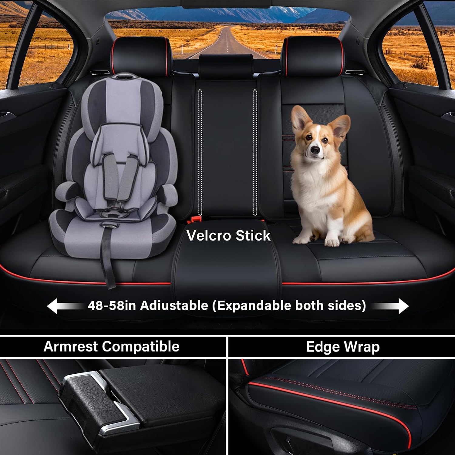 Coverado Car Seat Covers Full Set, 5 Piece Car Seat Protector with Removable Headrest, Nappa Leather Breathable Front Rear Seat Cushion Side All Wrapped Universal Fit Truck Most Cars Black & Red