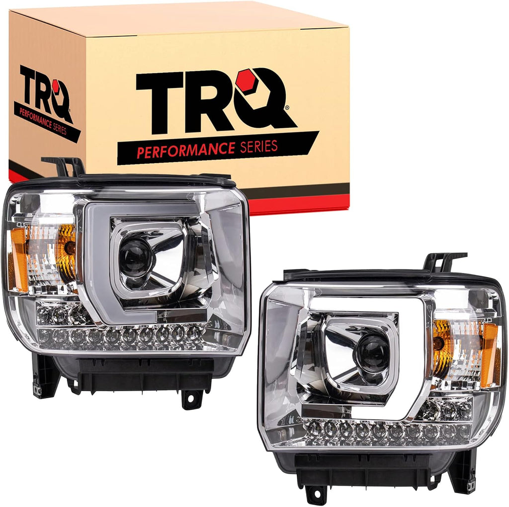 TRQ Performance Driver and Passenger Side Headlight Assembly 2 Piece Set Chrome Housing Compatible with 2014-2015 GMC Sierra 1500 2015-2019 GMC Sierra 2500HD/3500HD