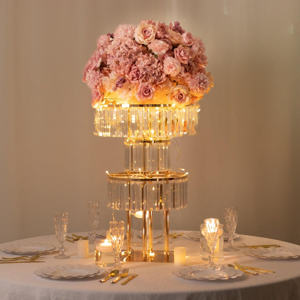 Efavormart 3-Tier Crystal Pendant Table Centerpiece Chandelier, Round Gold Metal Flower Stand – 27' Tall Wedding Pedestal Vase