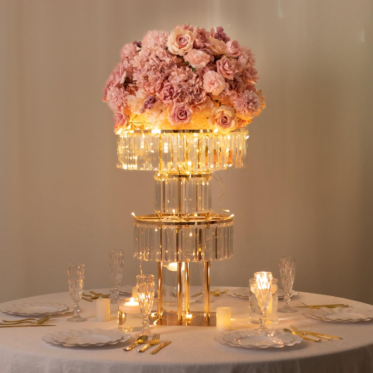 Efavormart 3-Tier Crystal Pendant Table Centerpiece Chandelier, Round Gold Metal Flower Stand – 27' Tall Wedding Pedestal Vase