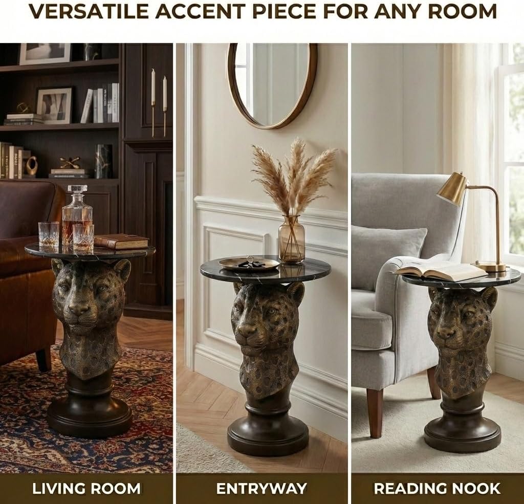 Leopard Head Sculptural Accent Table for Living Room & Entryway, 19.69' D x 24.80' H, Resin Animal End Table, Waterproof Outdoor Decor, Unique Gift for Housewarming