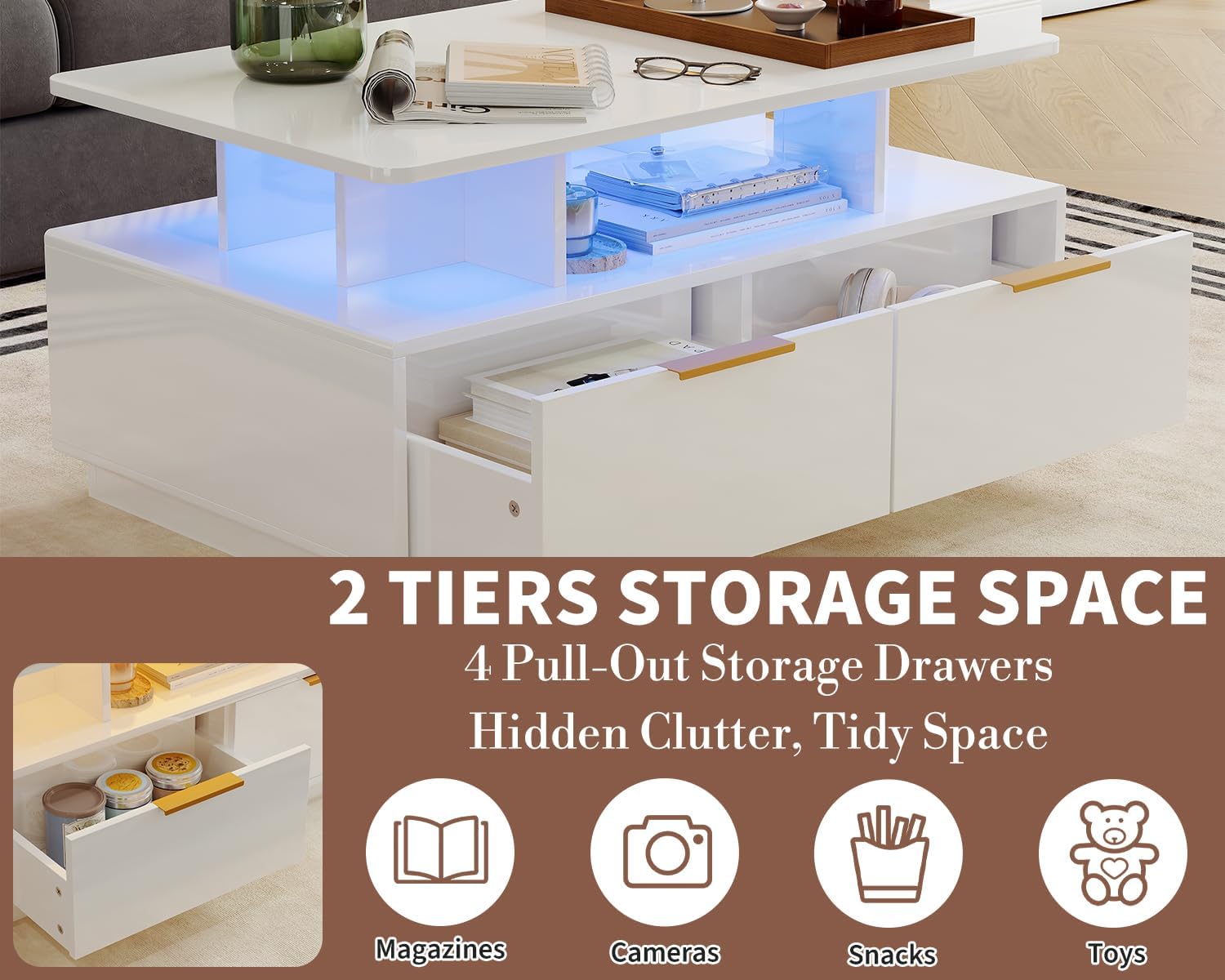 GarveeHome High Gloss LED Coffee Table,35' Modern High Glossy Wood CocktailCoffee Tables with Storage,2-Tier Living Room Table Center Tables with 4 Drawers&Open Shelf,Sofa Table for Home/Office(White