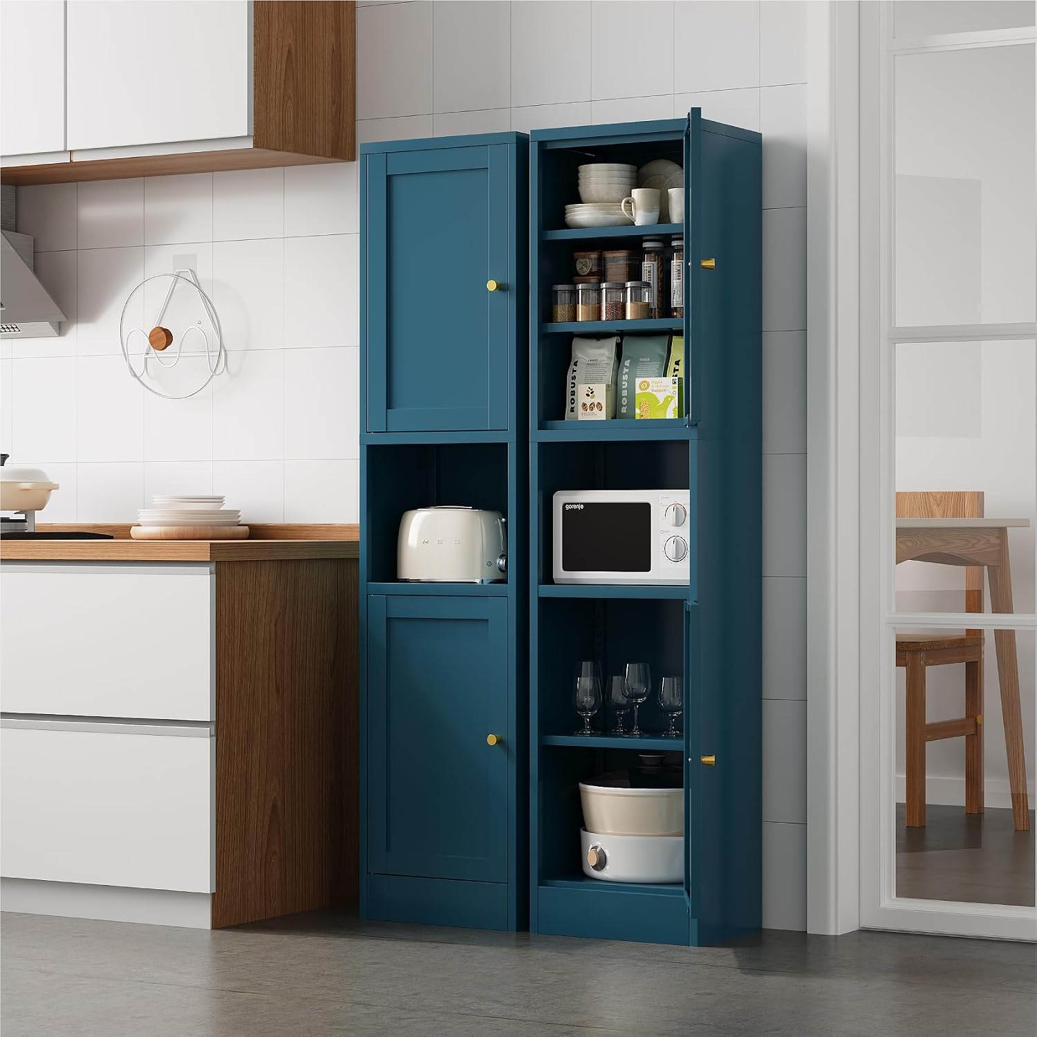 67' Tall Narrow Storage Cabinet with Doors and Open Shelf,Metal Pantry Cabinet,Shaker Style Slim Cabinet with Adjustable Shelves,for Bathroom Kitchen Laundry Small Spaces,Blue, 1Pc