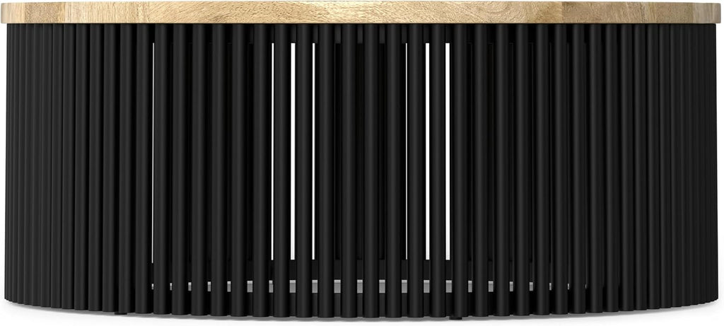 SIMPLIHOME Demy Coffee Table - 35 inch Wide Solid Wood Industrial Contemporary Round Cocktail Table in Natural and Black, Sculptural Living Room Table with Powder Coated Metal Base, Assembled