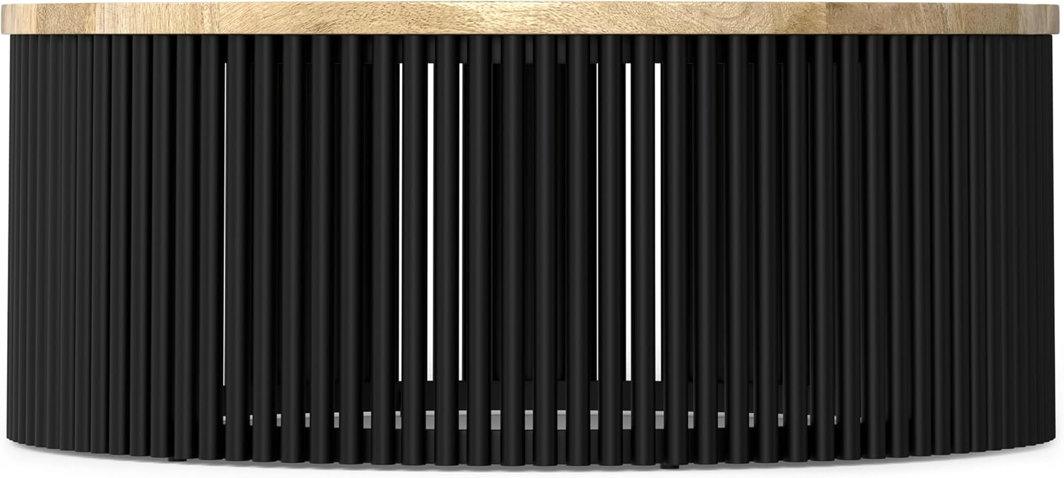 SIMPLIHOME Demy Coffee Table - 35 inch Wide Solid Wood Industrial Contemporary Round Cocktail Table in Natural and Black, Sculptural Living Room Table with Powder Coated Metal Base, Assembled