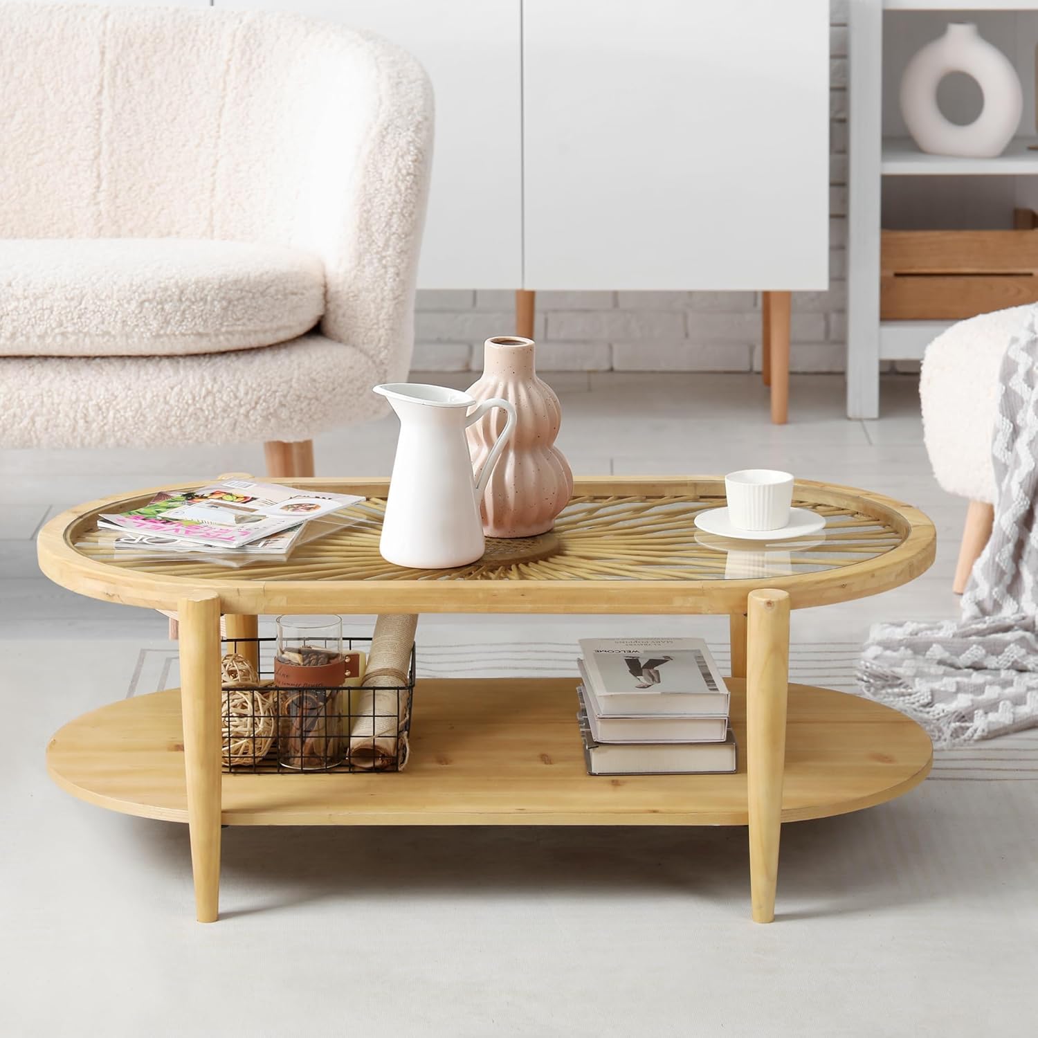 RUSTOWN Rattan Coffee Tables,2-Tier Oval Boho Cocktail Tables, Mid Century Modern Coffee Table with Rattan & Tempered Glass Top and Wood Legs, Sofa Table for Living Room(Natural)