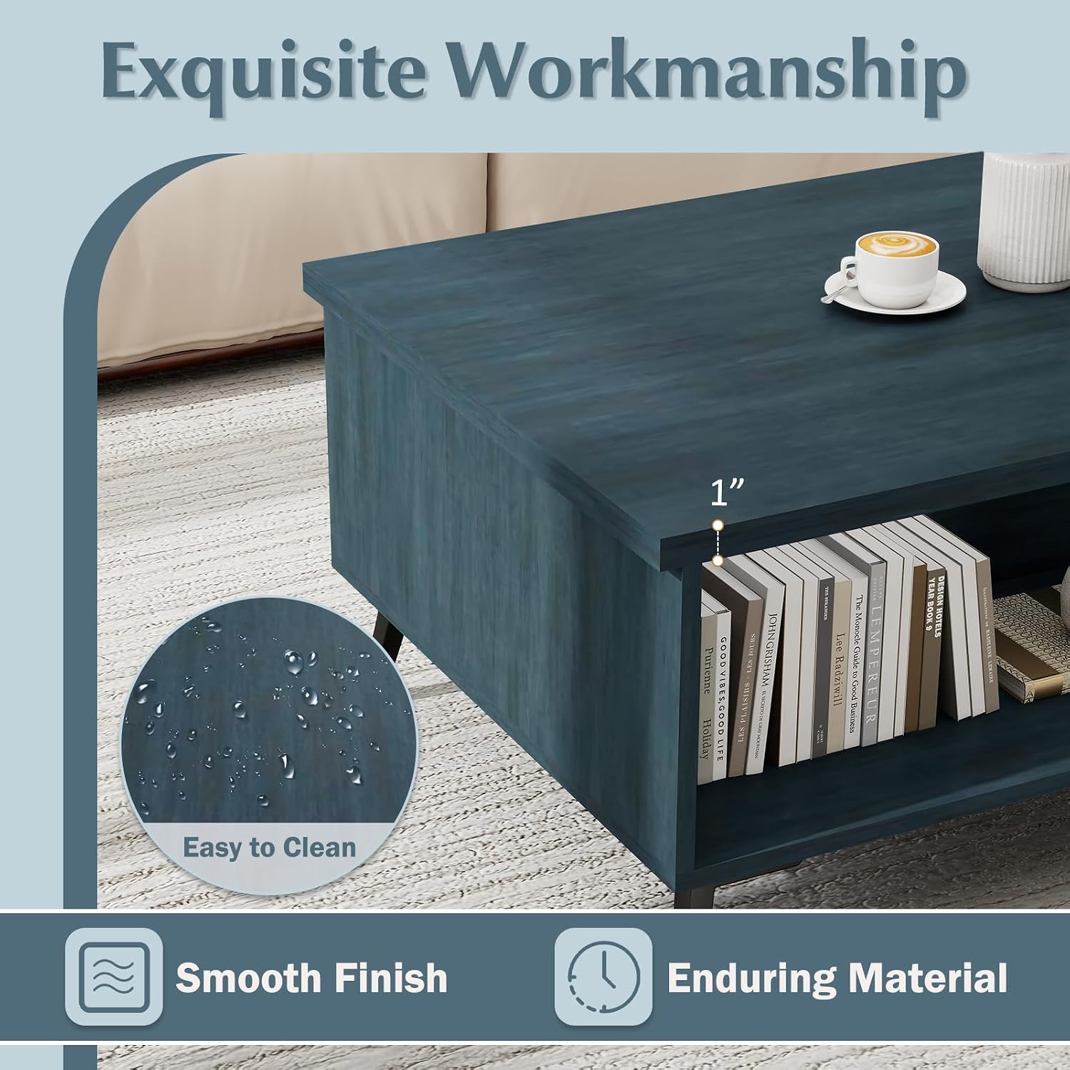 Giantex Mid Century Modern Coffee Table, 2-Tier Wood Rectangular Center Table with Open Storage Shelves, Compartments & Metal Legs, Vintage Living Room Tables for Reception (Charcoal Blue)