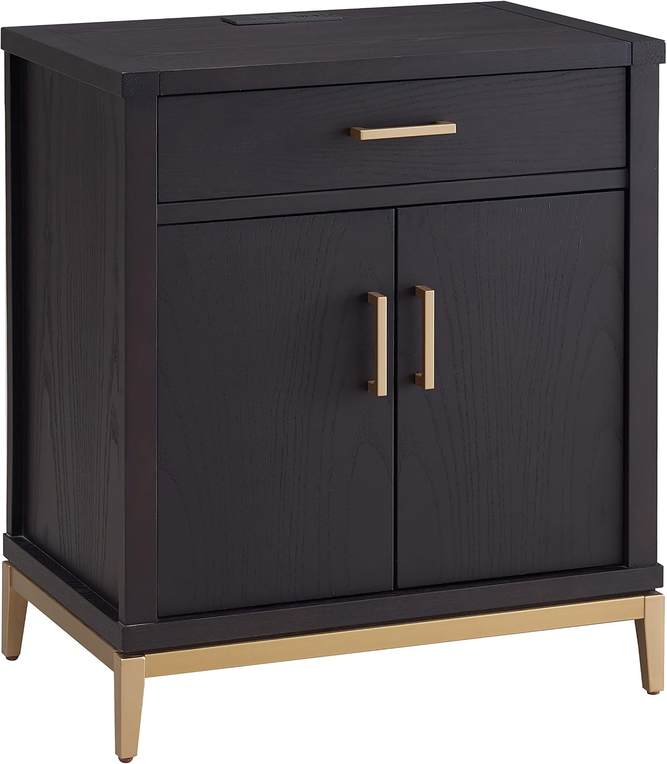 Leick Home Julien Nightstand Side Table One Drawer and Lower Cabinet Modern – Fast Charging Station – Durable Solid Wood – Living Room, Bedroom, Office, Black with Gold Trim, 9079–BLKGD