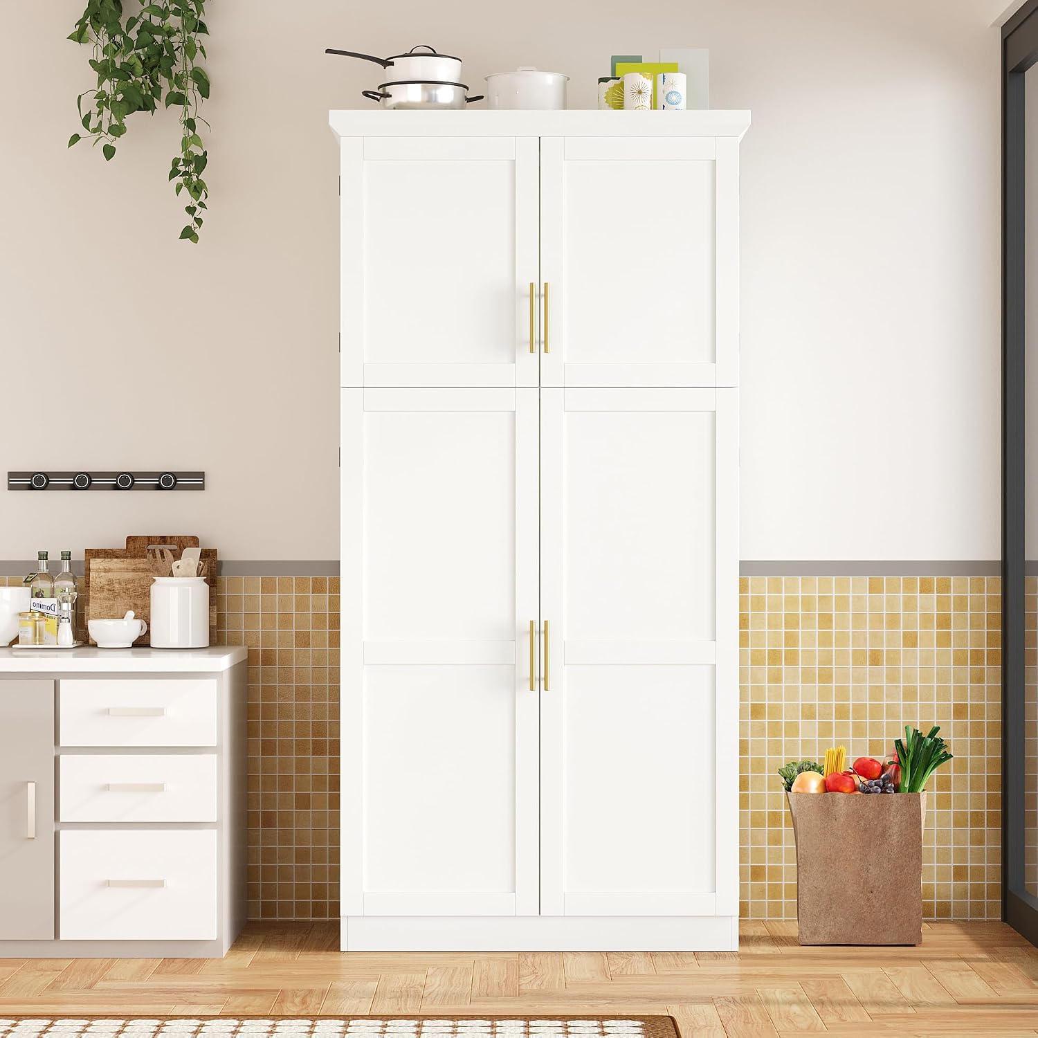 Merax 35.5x17.6x70.9 inches Freestanding Kitchen Pantry Cabinet, Tall Storage Cabinet with 4 Doors, 2 Door Shelves, 8 Pull-Out Trays and Adjustable Shelf for Dining Room, White