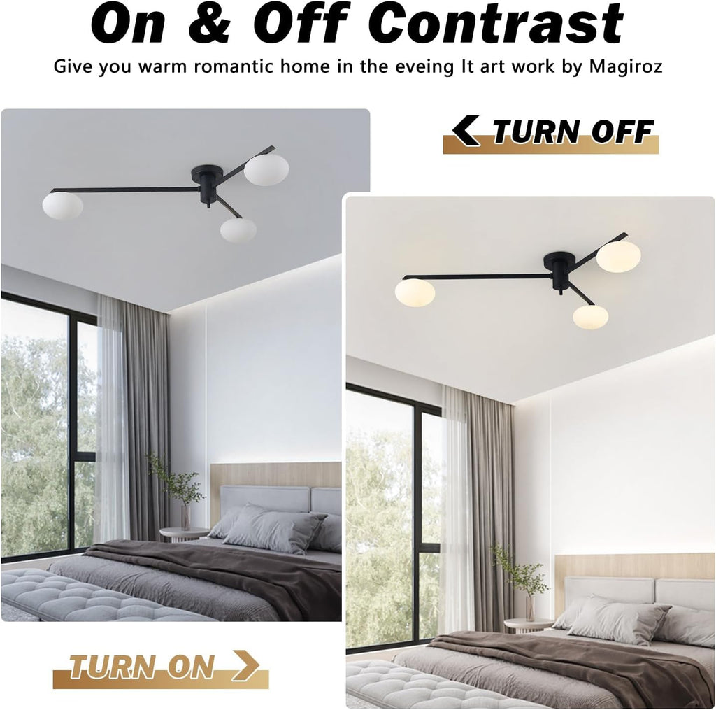 3-Light Modern Sputnik Chandelier with Milk Glass Shade - Black Flush Mount Ceiling Light for Kitchen