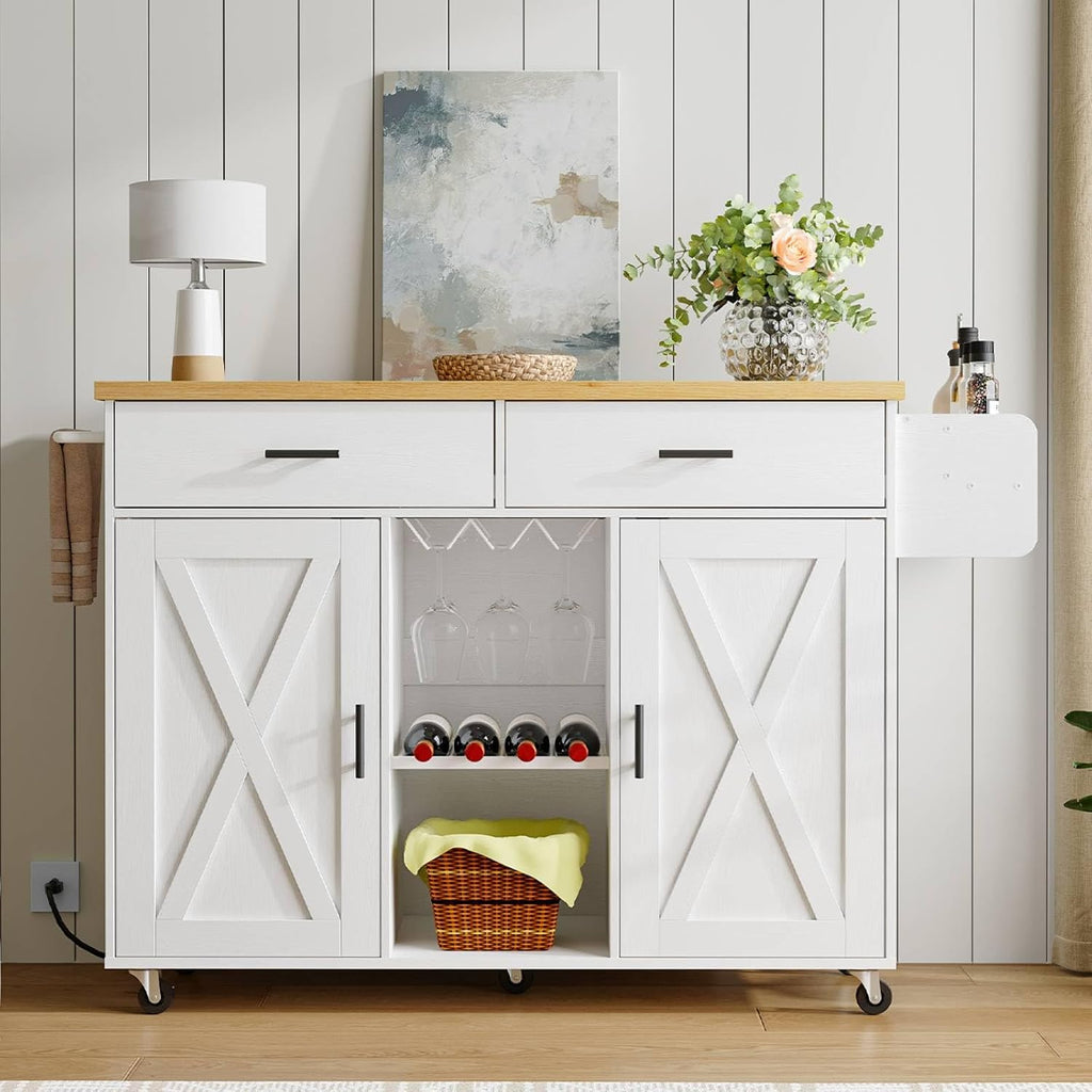 HOOBRO Kitchen Island with Power Outlet, Rolling Kitchen Island on Wheels, Island Table with Storage Cabinet, 2 Drawers, Spice Rack and Towel Rack, White and Natural WN14UZD01