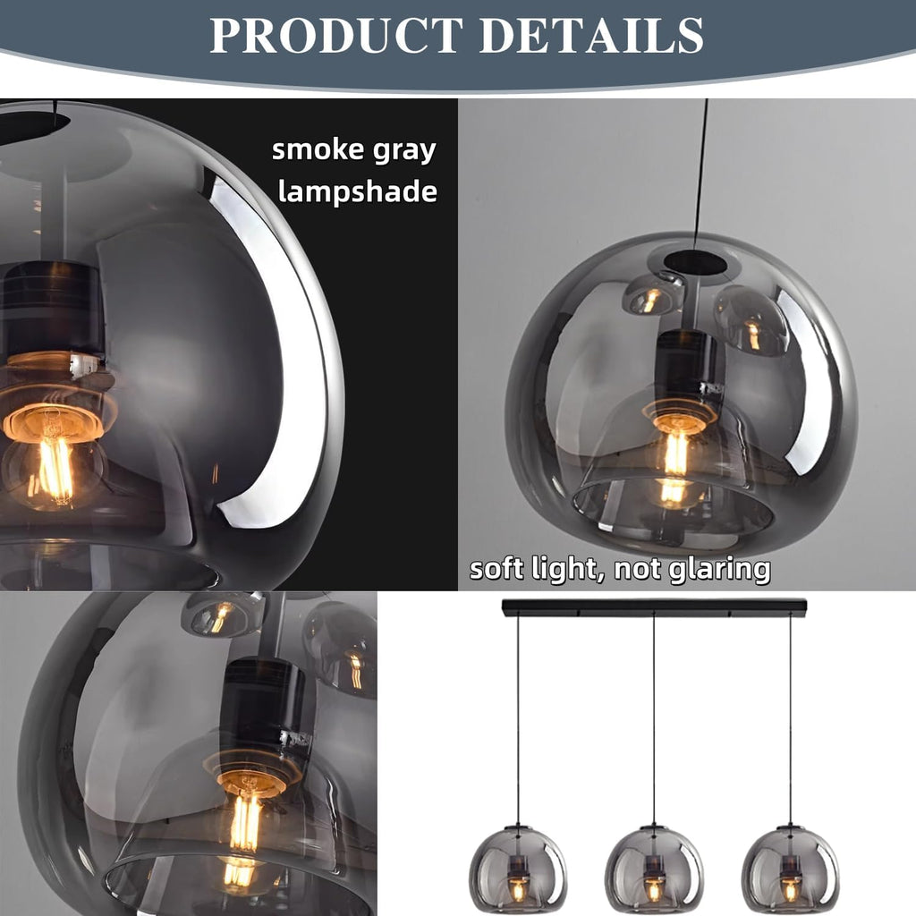 MIXL-Modern Globe Pendant Light 3-Lights Hanging Light with Smoke Gray Glass Lampshade, Height Adjustable Dining Room Lighting, Glass Pendant Lamp, Farmhouse Hanging Lamp for Kitchen Island