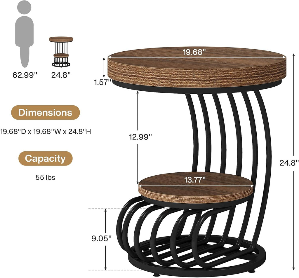 Tribesigns Round End Table, 2-Tier Farmhose Wood Side Table with Shelf Storage, Small Sofa Side Bedside Nightstand, Arc-Shaped Frame Accent Furniture for Living Room, Light Brown