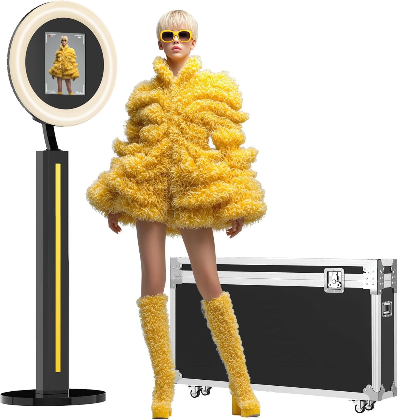Portable iPad Photo Booth Compatible with Any iPad, 2 Months ChackTok VIP, Selfie Photo Booth with Adjustable Ring Light and Flight Case,RGB Music Sync Light, for Weddings, Parties, Events