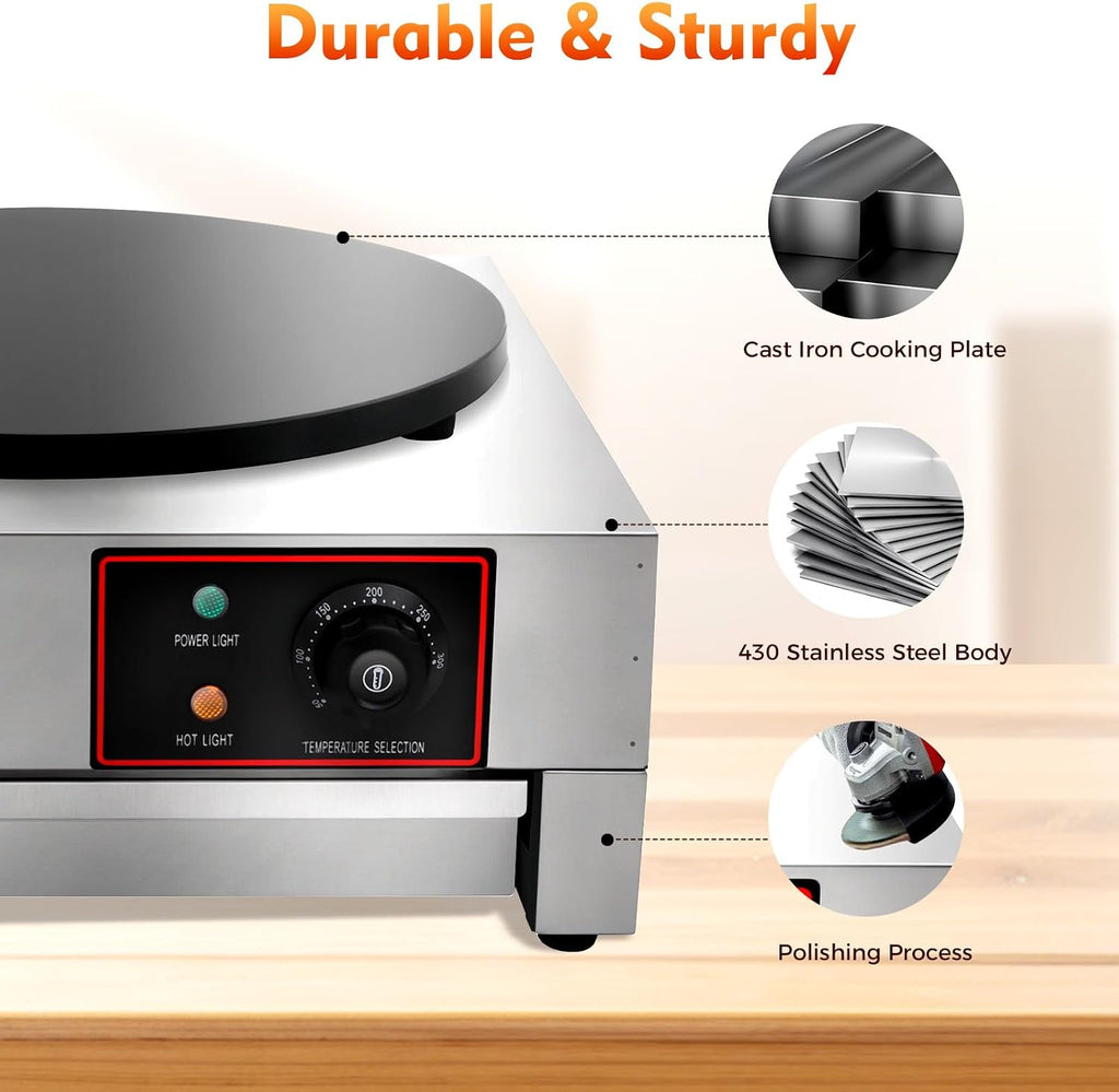 16' Commercial Crepe Maker 1700W Electric Non Stick Pancake Machine with plug, 122-572℉ Adjustable Temperature Big Hotplate Pancake Frying Pan Stove for Kitchen Convenience Store Snack Stand
