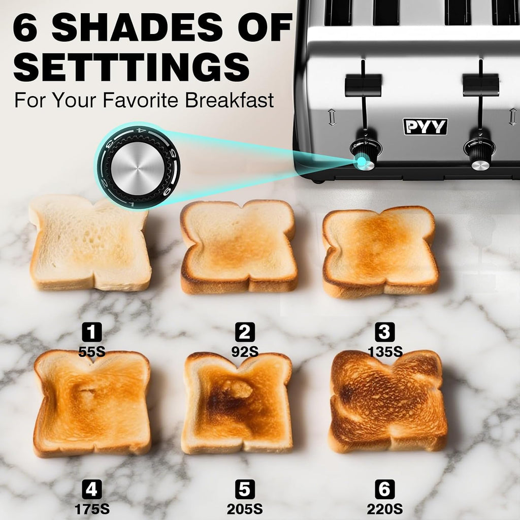 PYY Professional Commercial Toaster 4 Slice - 1800W Stainless Steel Heavy Duty Toaster, 6 Browning Levels, 1.57' Wide Slots, Removable Crumb Tray for Bagels Bread Waffles (Commercial & Home Use)