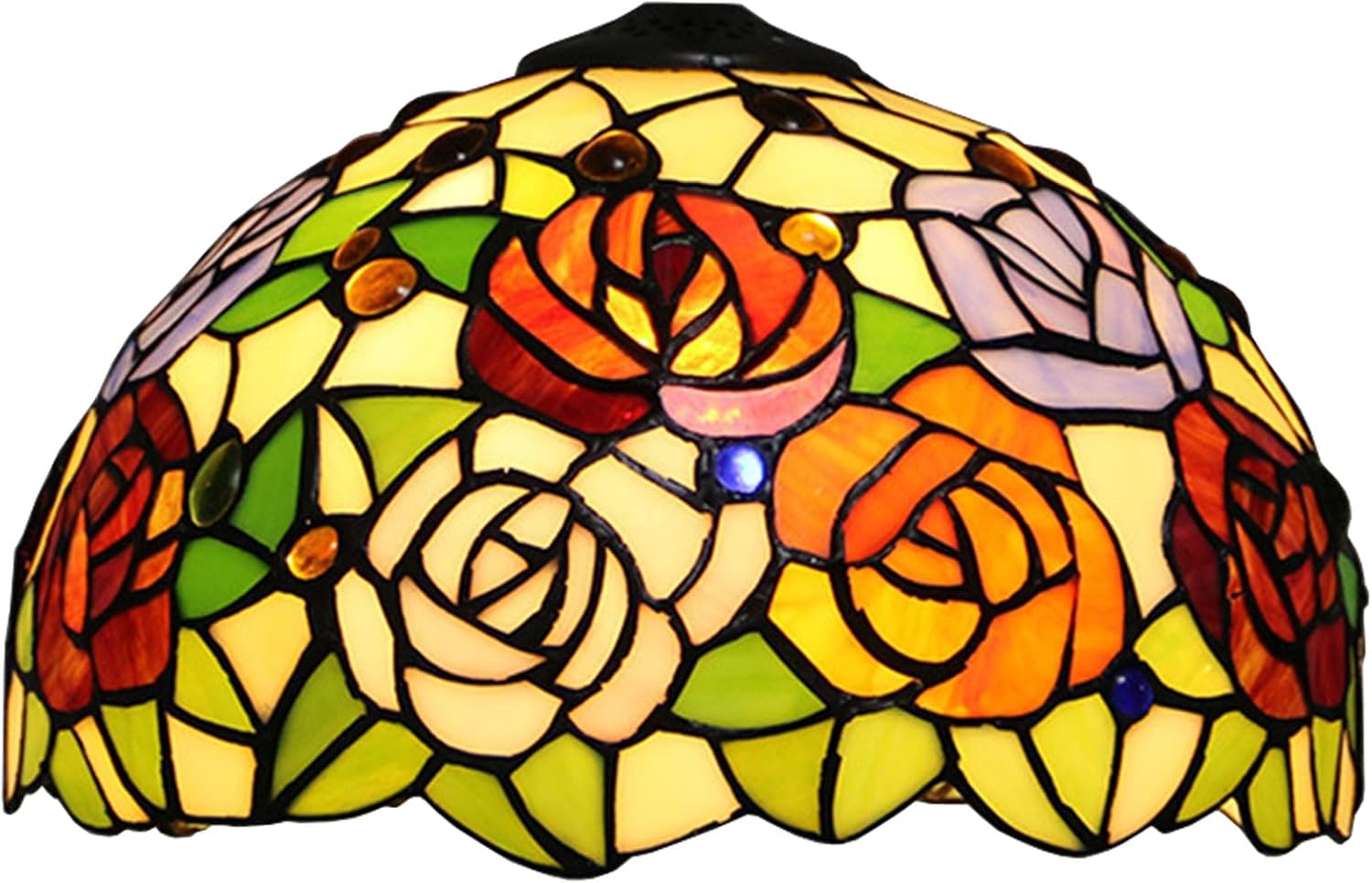 Tiffany Stained Glass Single Lampshade 12 Inch Colored Rose Table Lamp Shade Pendant Hanging Light Fixture Ceiling Lamp Replacement Shade Red Orange Blue Pink Flower Green Leaves,B2