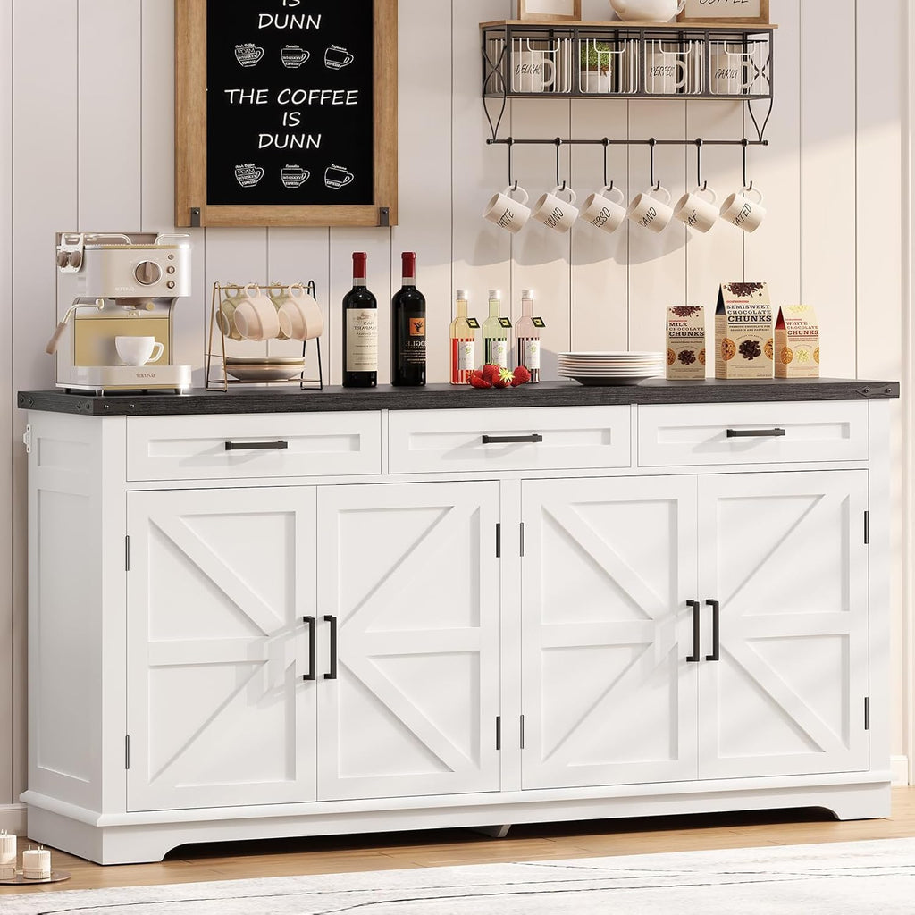 TEENFON 61' Farmhouse Buffet Cabinet with 2 Adjustable Shelves, Sideboard with 3 Drawers & 4 Doors, Rustic Storage Cabinet for Kitchen, Entryway, Coffee Bar, White