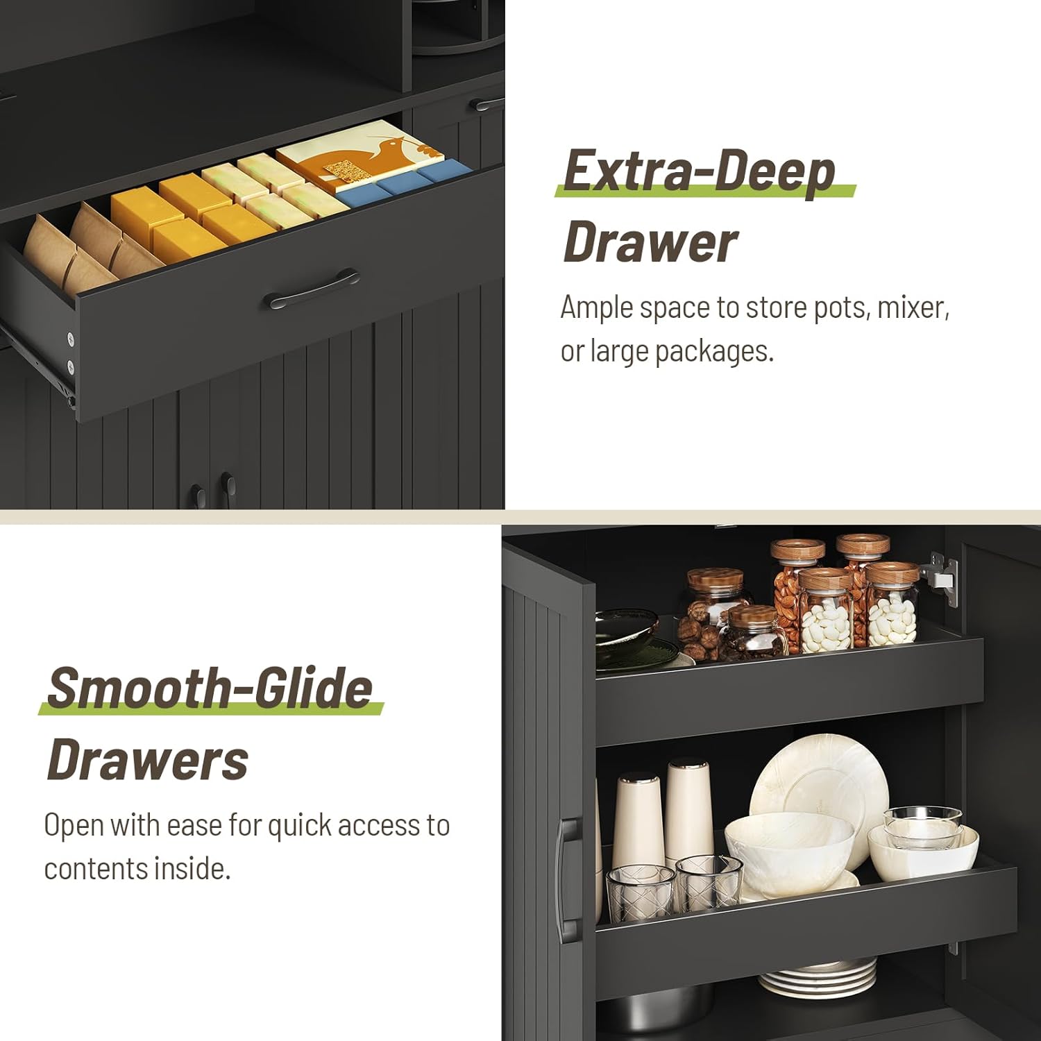 Pantry Cabinet, 67.7' Tall Kitchen Pantry Storage Cabinet with 360° Rotating Shelf & 2 Pull-Out Racks, Freestanding Kitchen Hutch with Charging Station & Drawer, for Dining Room, Black
