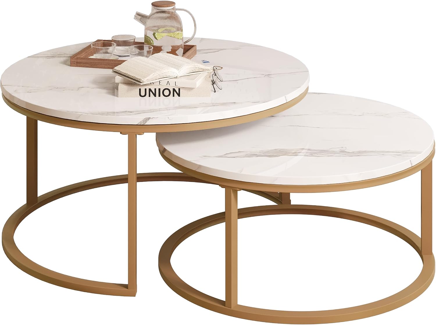 WiberWi Round Coffee Table Nesting Tables Set of 2, Large : Ø 34.0', Small : Ø 26.0', Modern Design Coffee Tables for Living Room, Gold Metal Frame Circle Cocktail Table, High Glossy Faux White Marble