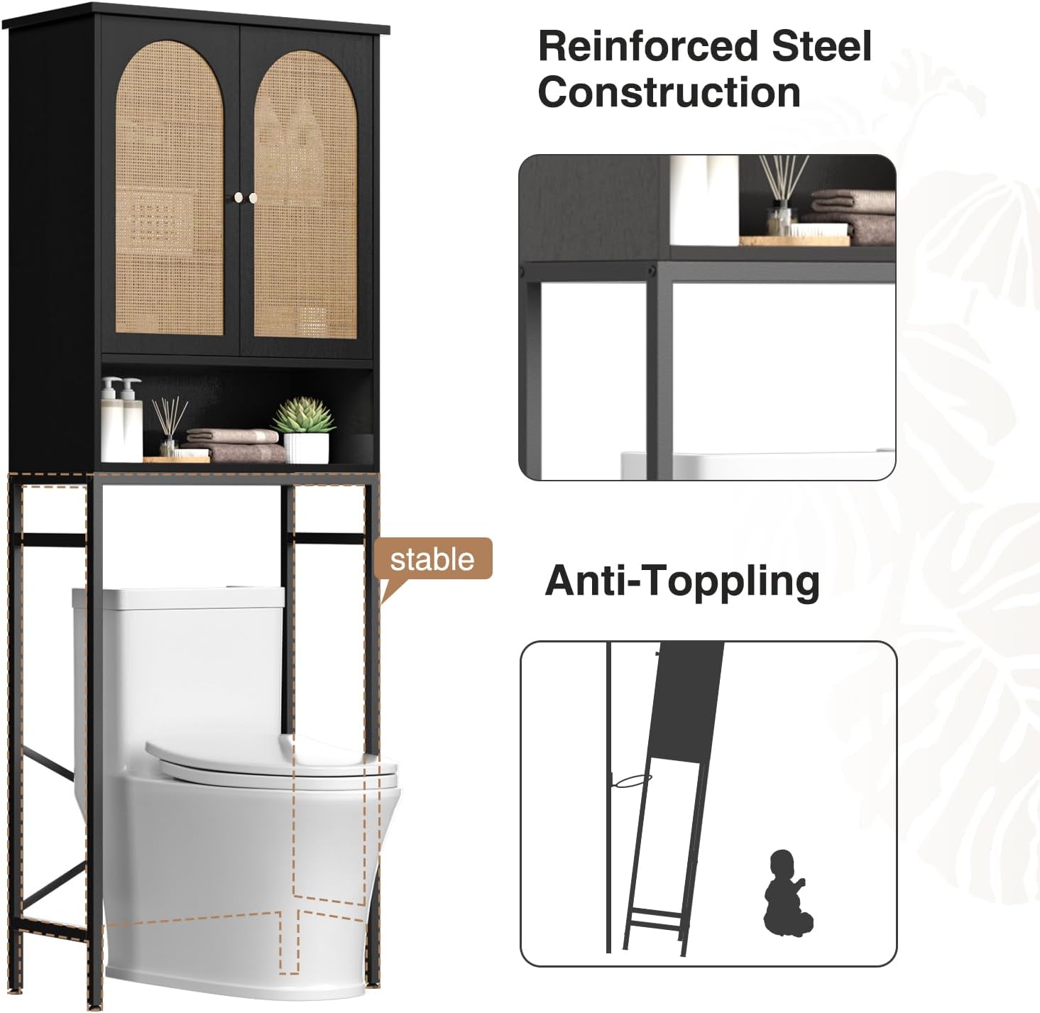 FiveWillowise Rattan Toilet Storage Cabinet, Over The Rack Wood Cabinet with Metal Stand, Bathroom Organizer with Adjustable Shelf, Tall Freestanding Washer Shelf, Small Cupboard, Black