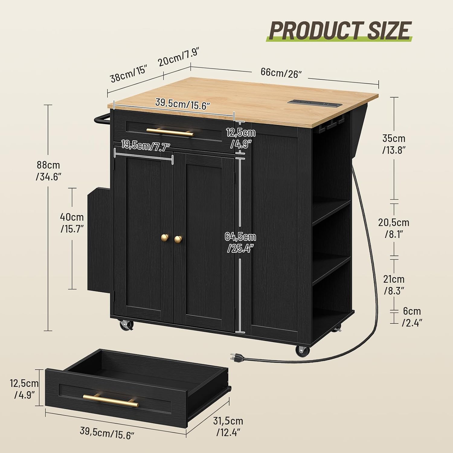 Kitchen Island with Storage, Rolling Kitchen Table with Drop Leaf, Charging Station, 3 Open Adjustable Shelf & Drawer, Towel Rack, Mobile Kitchen Cart for Dining Room, Black and Natural