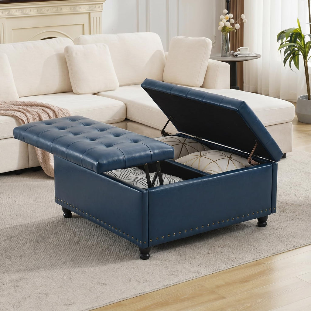 Tbfit Large Square Storage Ottoman Bench, Tufted Upholstered Coffee Table Ottoman with Lift Top & Wooden Legs, Oversized Storage Ottomans Toy Box for Living Room (Blue PU)