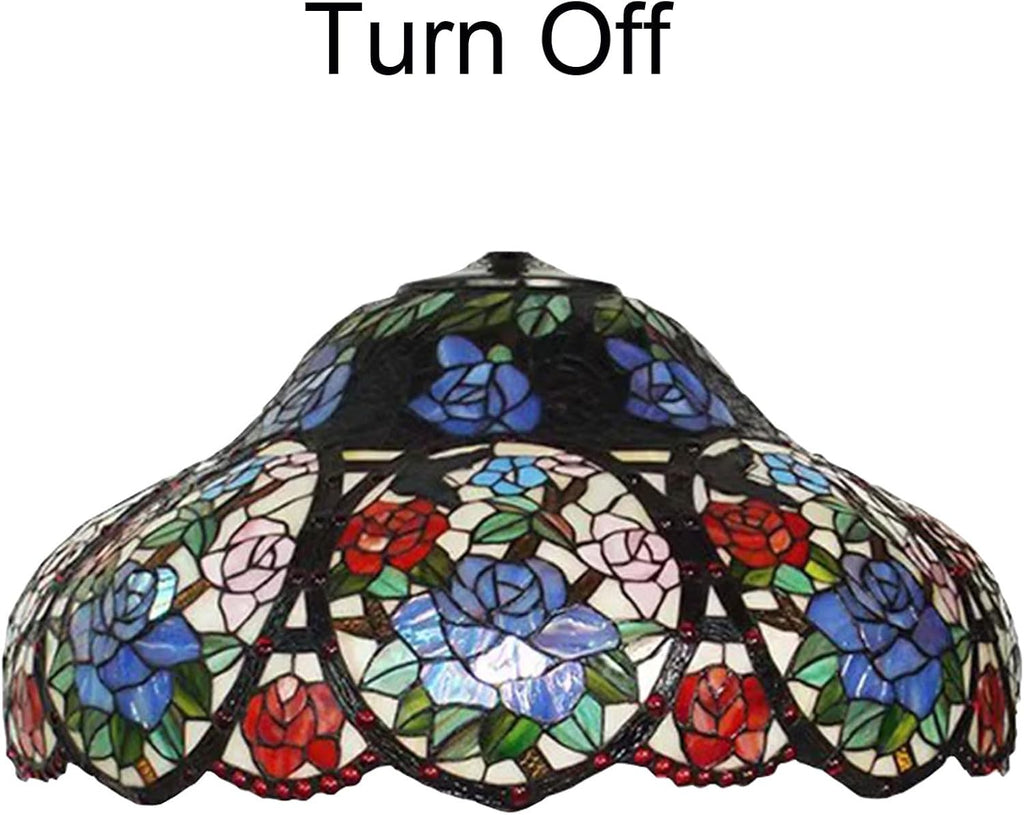 Tiffany Style Traditional Handmade 22 Inch Wide Rose Flower Design Stained Glass Lampshade Replacement Only Retro Red Blue Pink Floral Light Cover Accessories for Table Lamp Pendant Light