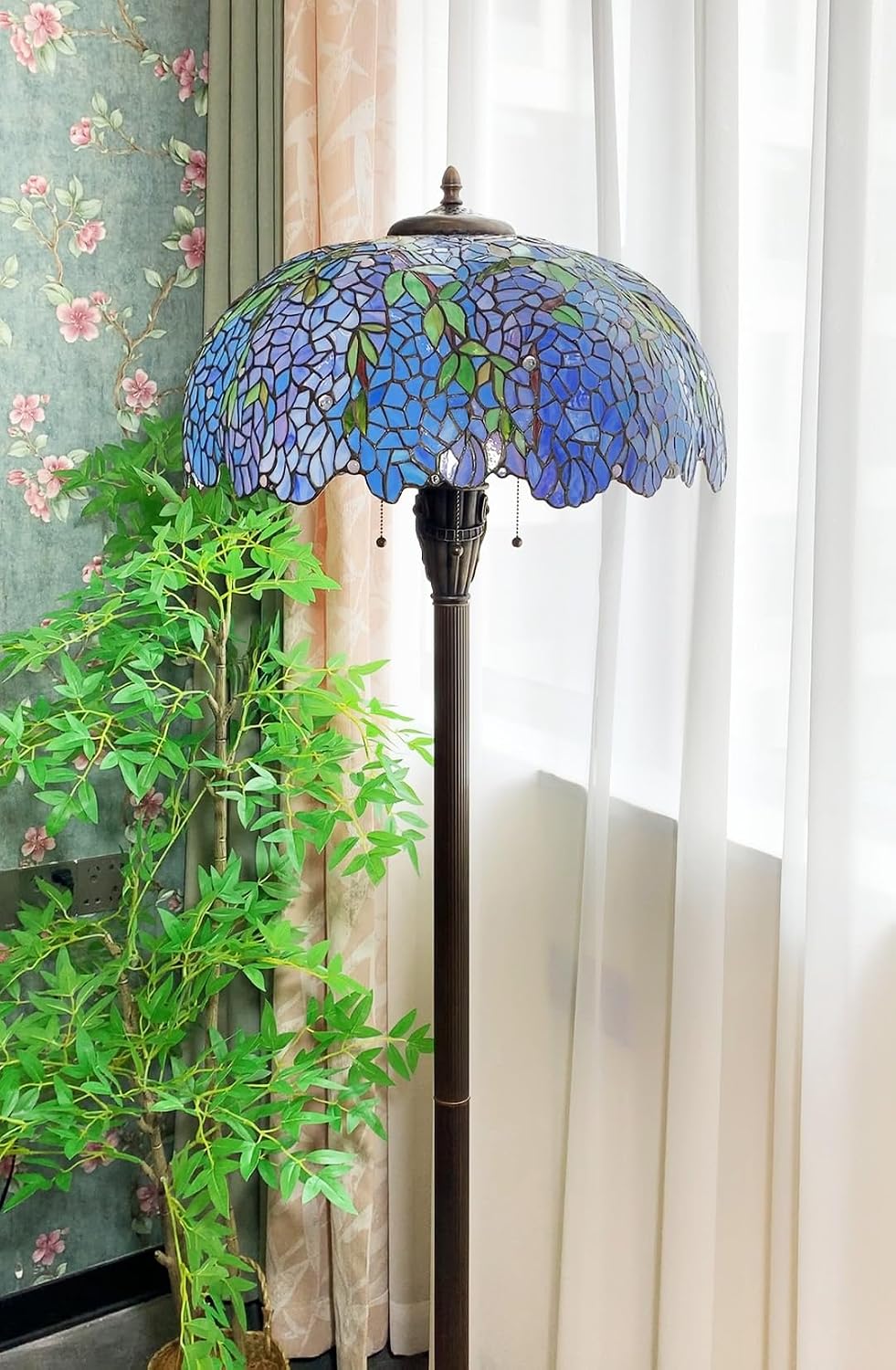 22Inch Purple Blue Wisteria Stained Glass Lampshade Replacement for Table Lamp, Wall Lamp, Ceiling Light, Floor Lamp, Tiffany Style Green Leaves Flower Shade with Red White Beads