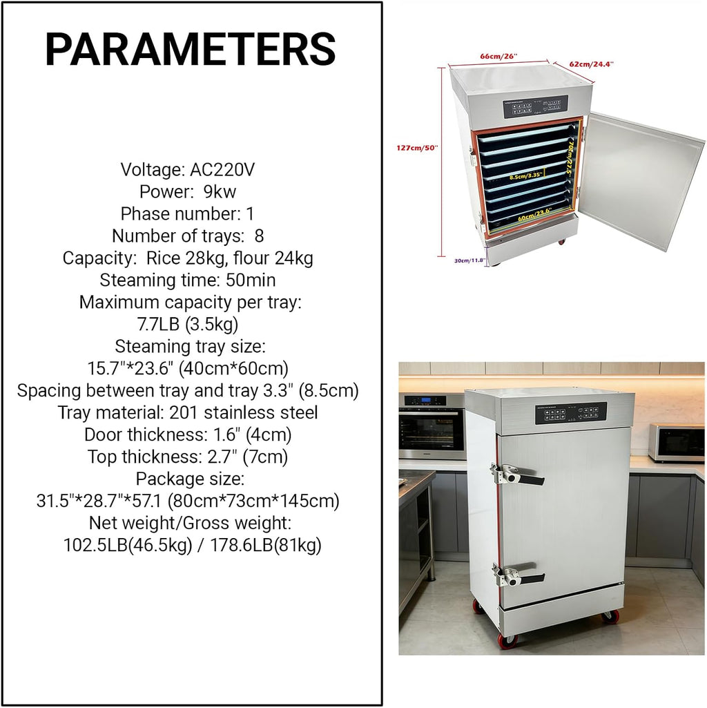 Commercial Electric Steaming Cabinet 8 Trays Intelligent Food Steamer Stainless Steel with Timer Appointment, Auto Water Refill, Anti-Dry for Restaurant/Canteen/Hotel Kitchen 220V 9KW 3PH