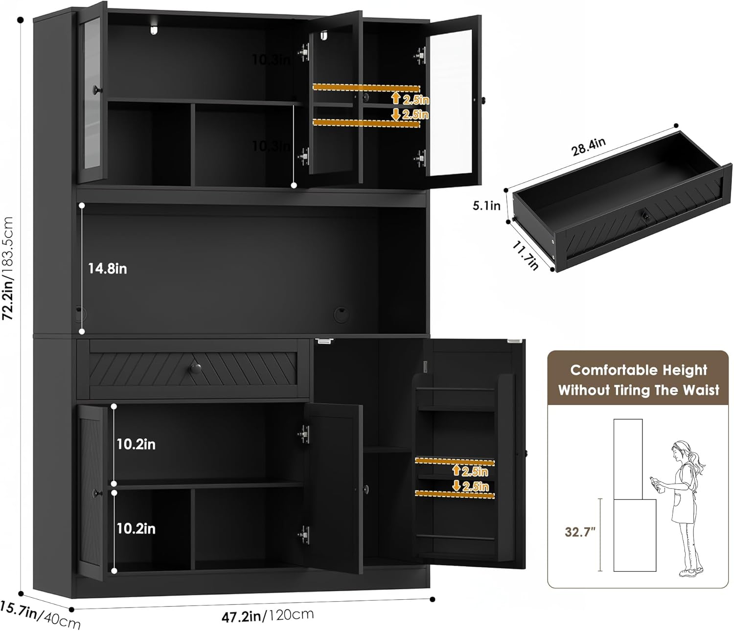BOTLOG 72' Tall Kitchen Pantry Storage Cabinet, Modern White Kitchen Hutch with Large Storage Drawer, Countertop, Adjustable Shelves, Food Pantry Cabinets for Dining Room, Living Room (Black)